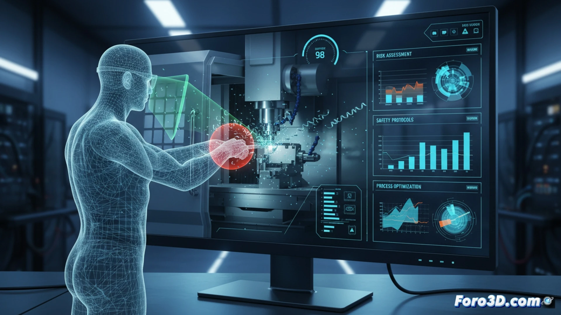 Simulación 3D de operador CNC mostrando zona de riesgo por atrapamiento en torno industrial con virutas metálicas
