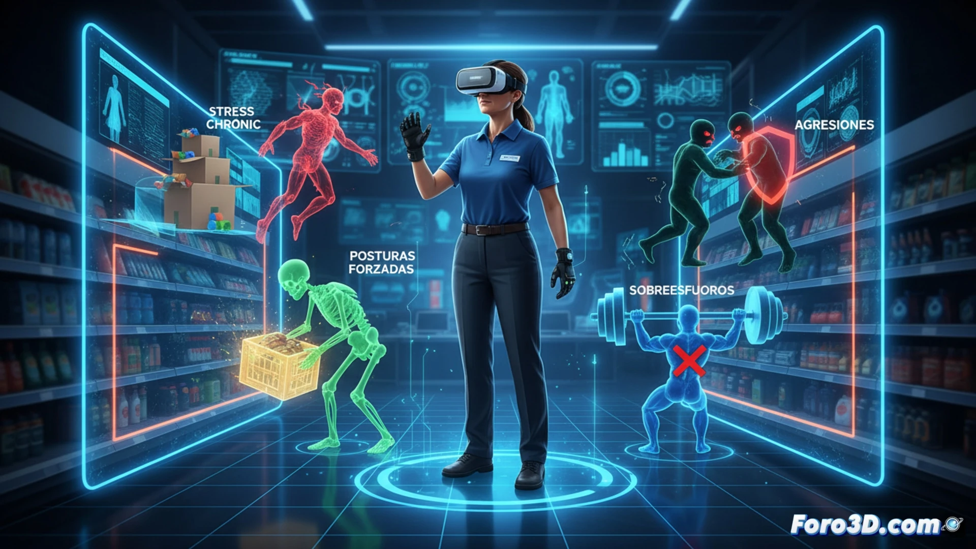 Simulación 3D de responsable de tienda enfrentando estrés, posturas forzadas y cliente conflictivo en entorno laboral realista