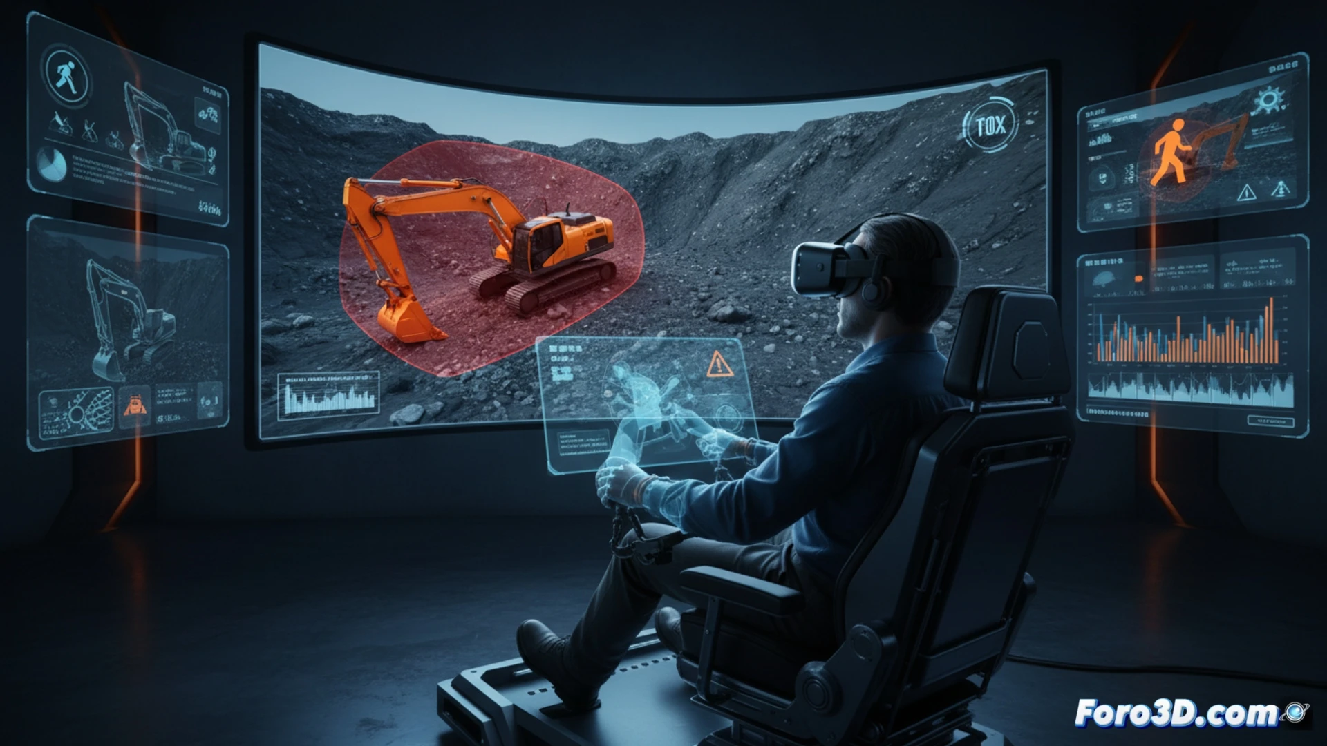 Simulador 3D de excavadora en obra, con operario usando gafas VR y controles hápticos para entrenamiento seguro.
