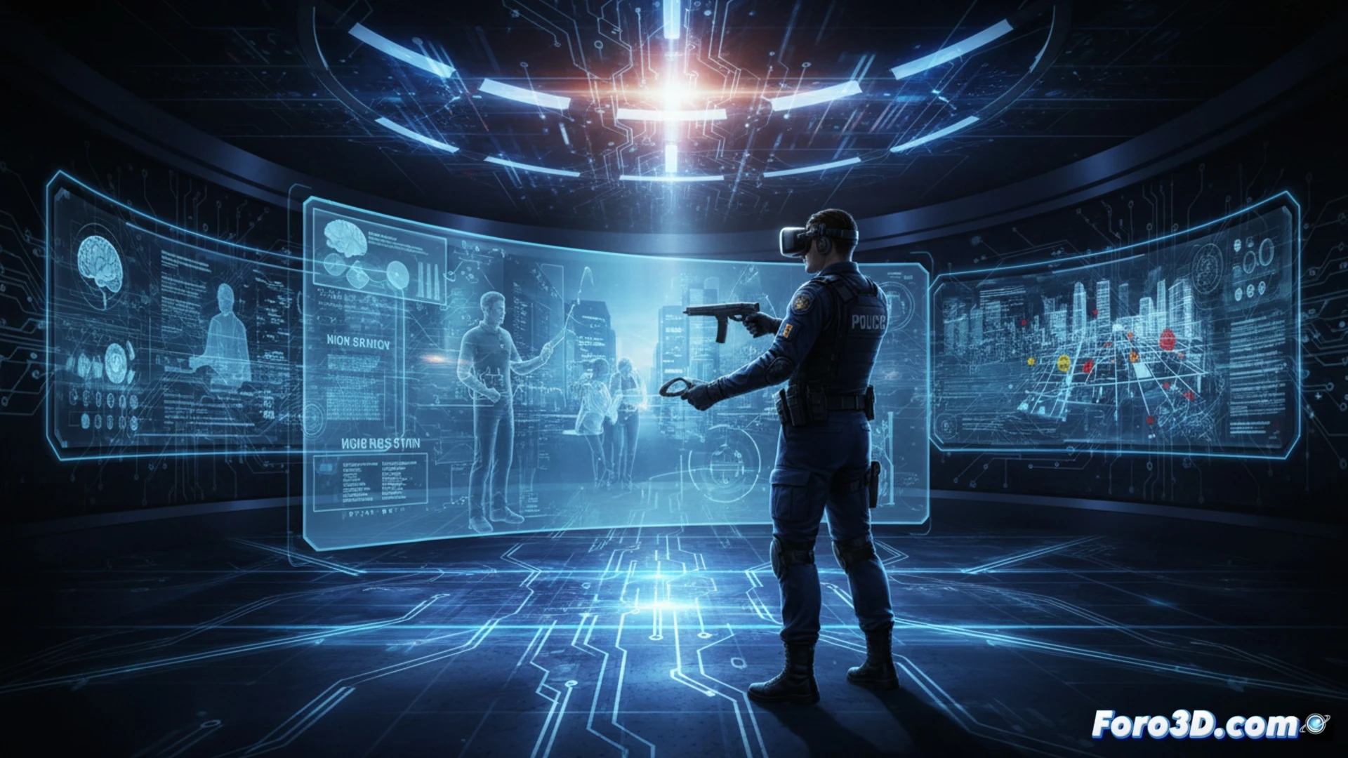 Simulación 3D policial con agentes entrenando en entorno virtual inmersivo de alta seguridad