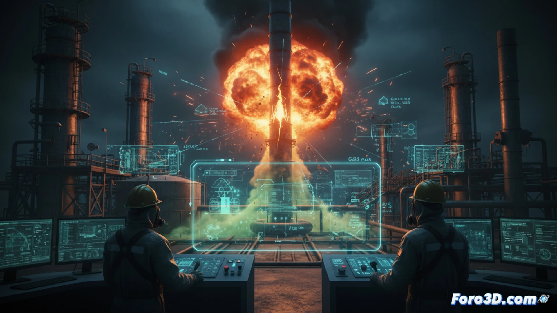 Simulación 3D de explosión en refinería petrolífera con operador entrenando en entorno virtual de alto riesgo