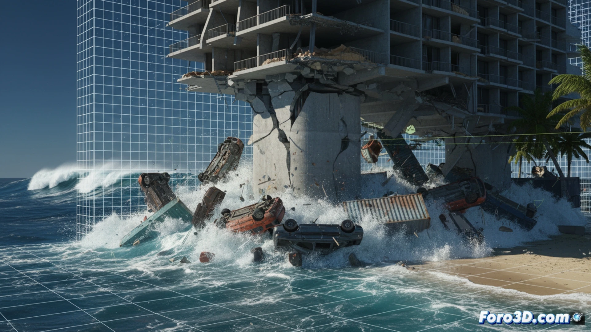 Simulación 3D de impacto de escombros contra pilar de hotel durante tsunami, análisis forense estructural