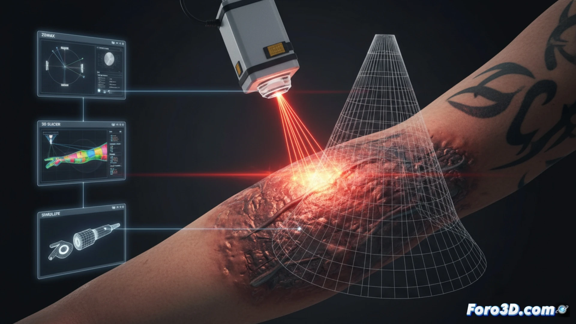 Simulación 3D de piel con lente láser desalineada causando quemadura de tercer grado en tatuaje