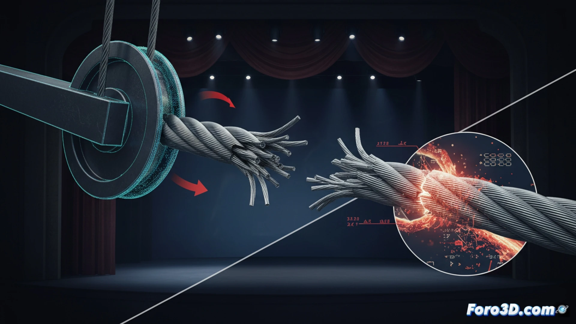 Simulación de fatiga en cables de acero: escaneo 3D y fractografía para análisis de fallo en teatro