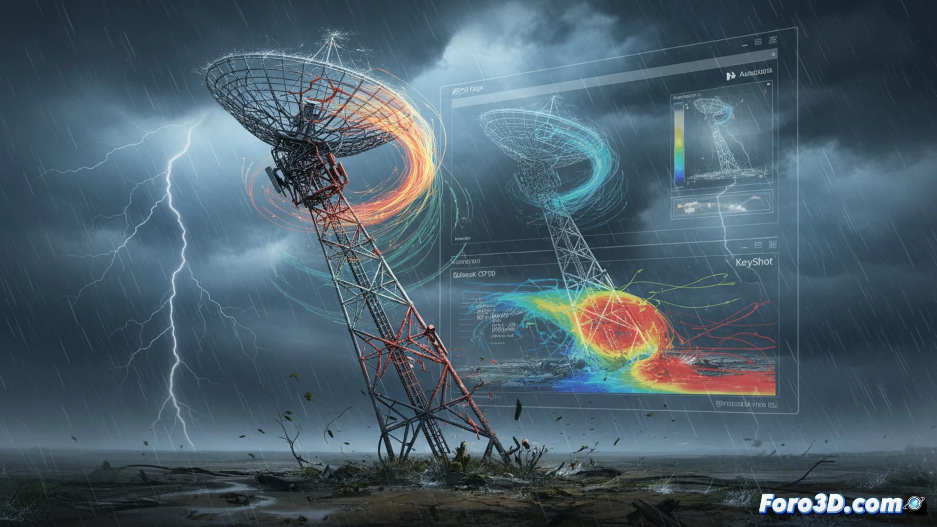 Simulación de fatiga en torre móvil con antena como vela, análisis de vuelco por carga de viento en tormenta