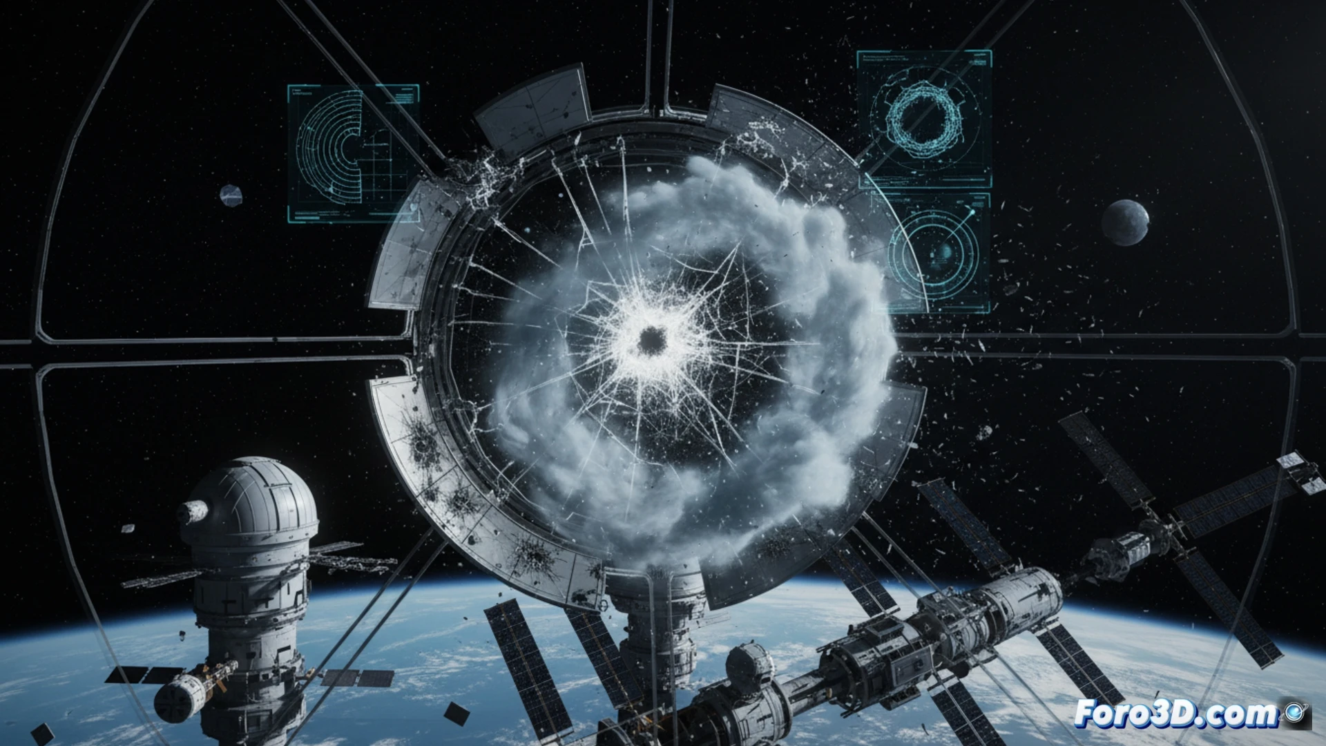 Simulación 3D de fuga de aire en cúpula espacial tras impacto de micrometeorito perforando protección Whipple