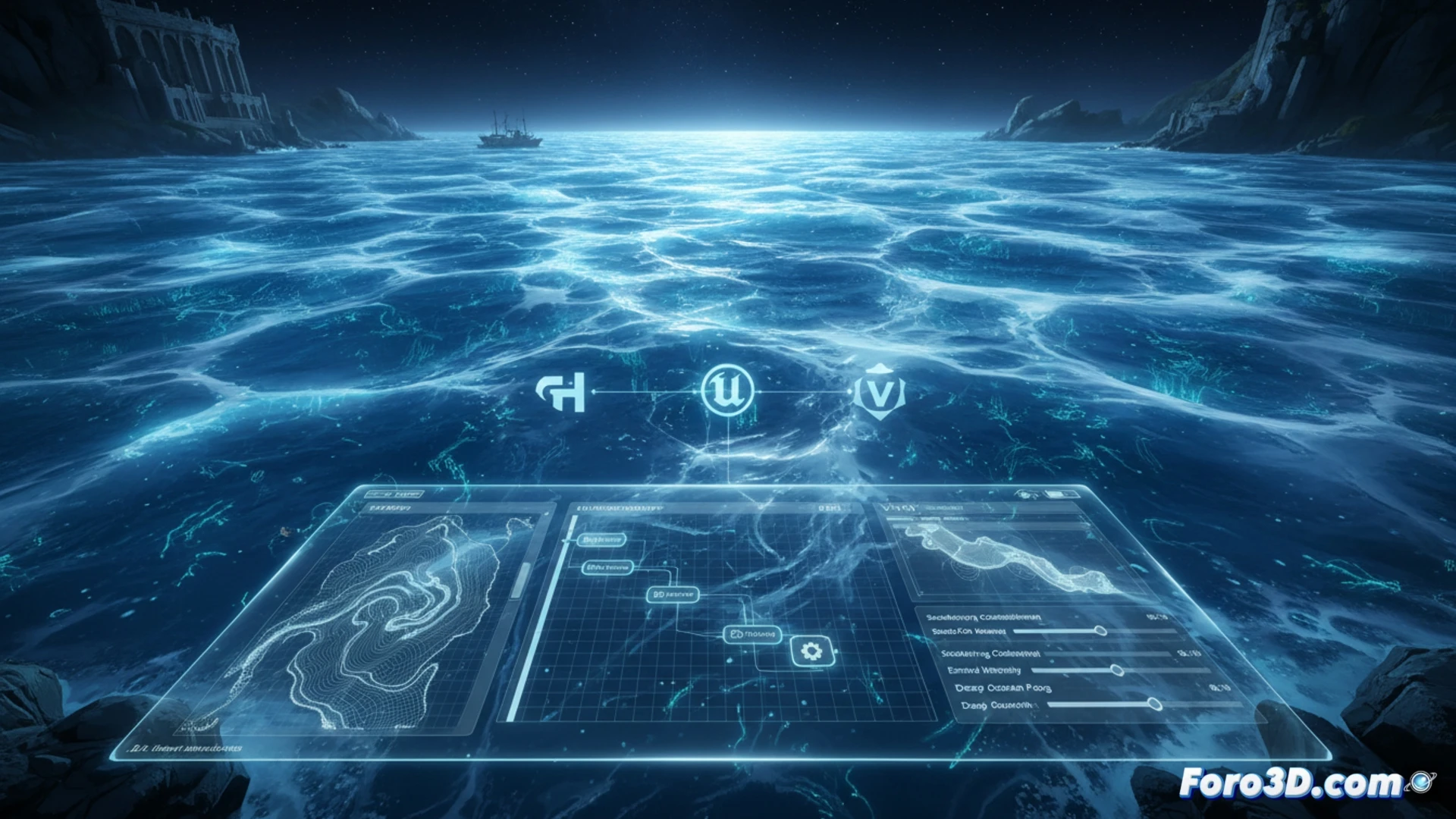 Simulación digital de mar de leche bioluminiscente con resplandor blanquecino homogéneo sobre océano nocturno, escala satelital.