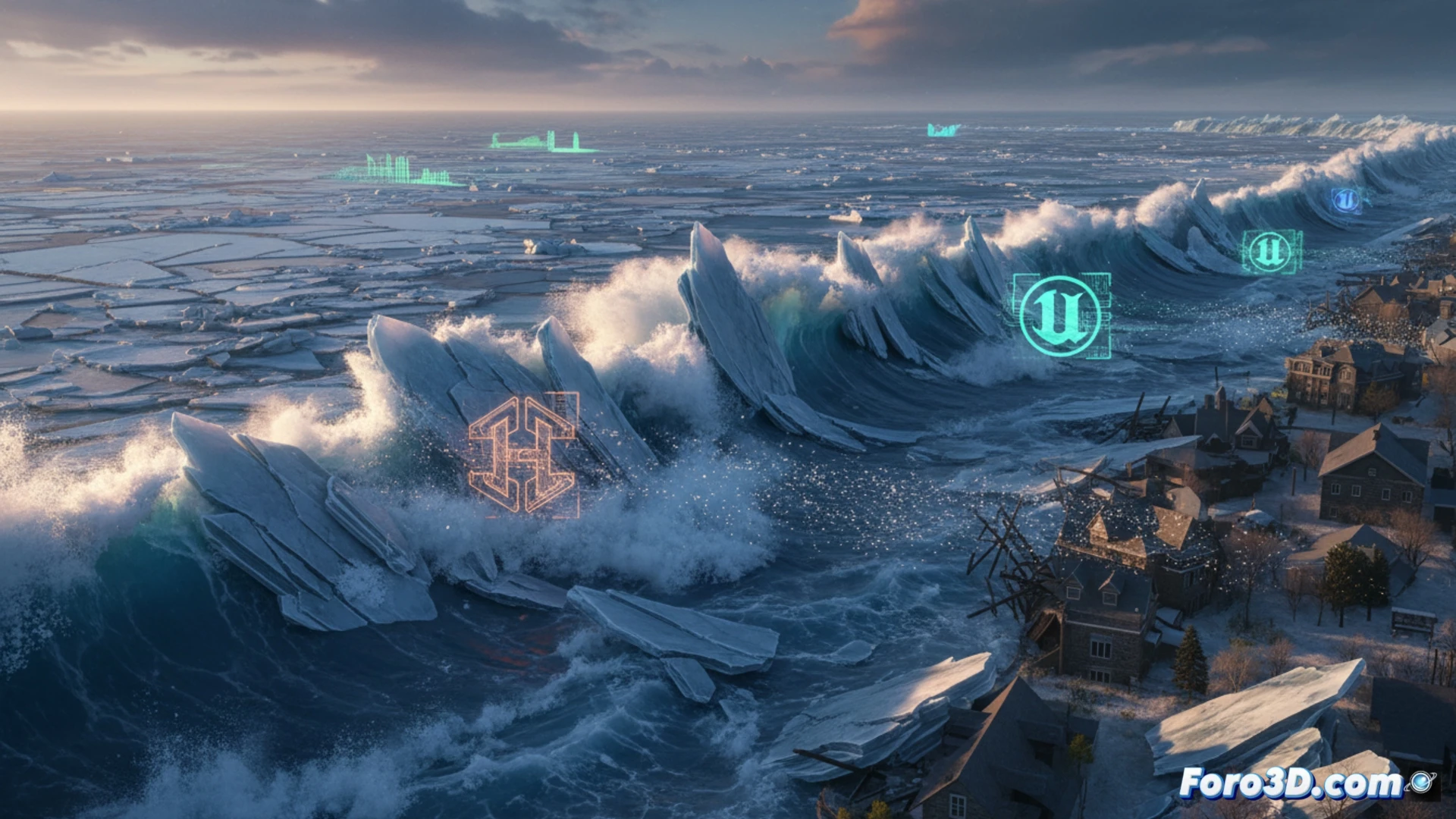 Simulación de tsunami de hielo en Lago Erie con Houdini y Unreal para análisis de desastres costeros