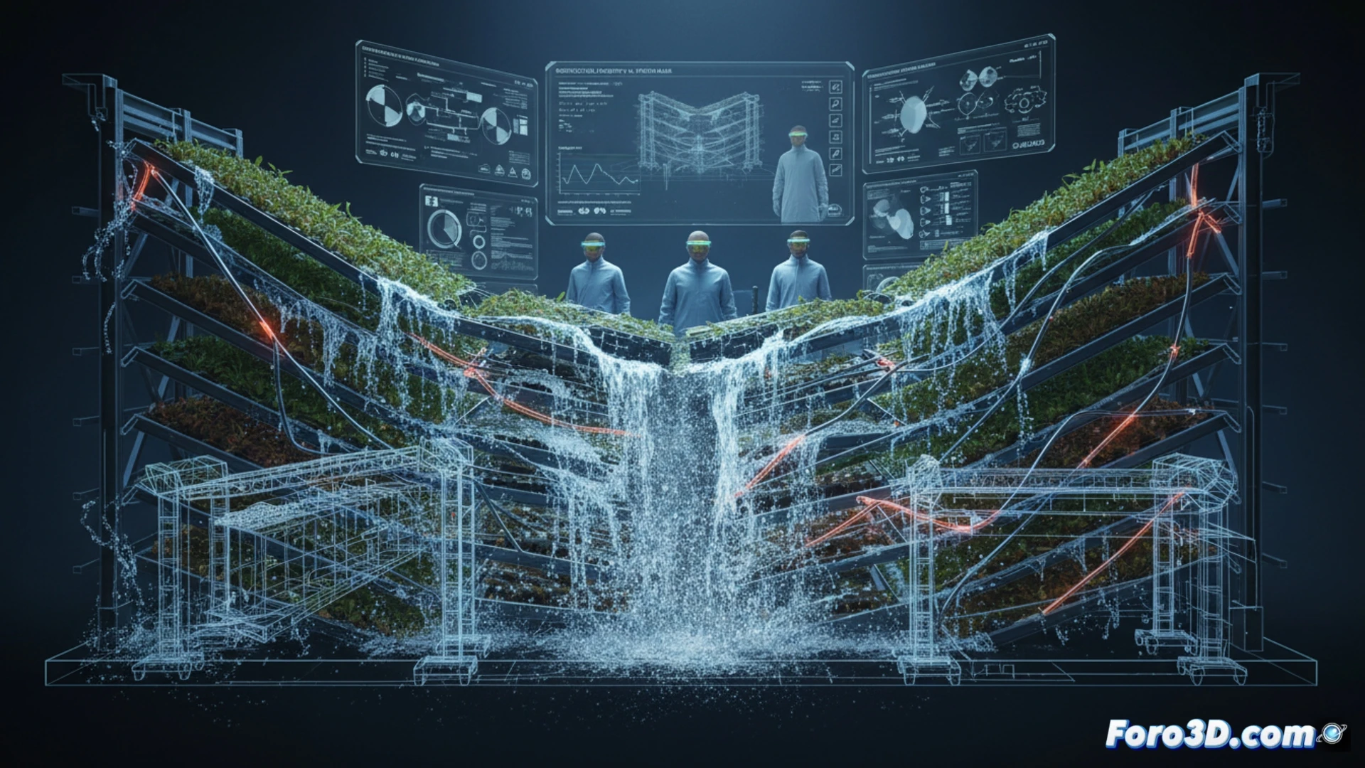 Reconstruccion 3D de granja vertical colapsada con racks rotos y agua desbordada sobre escaleras residenciales