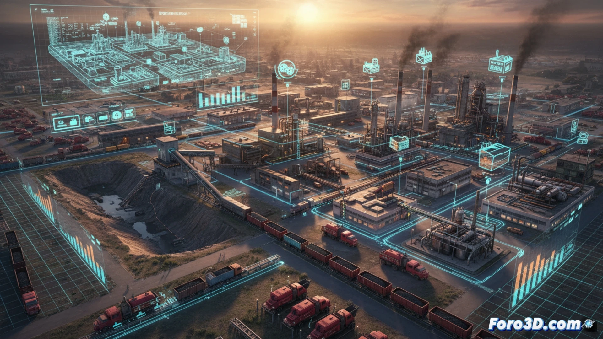 Simulación logística industrial en Workers Resources Soviet Republic con trenes y fábricas en 3D