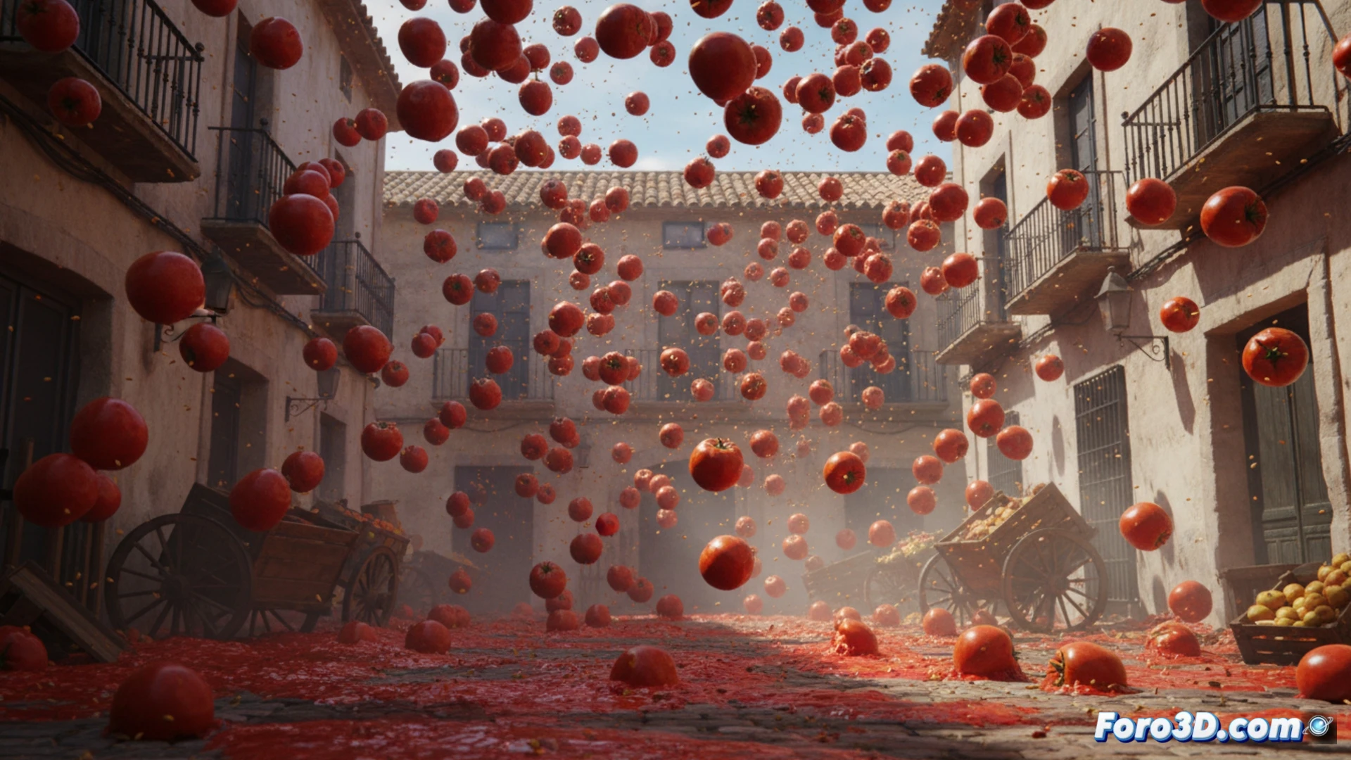 Simulación VFX de lluvia de tomates sobre calle adoquinada en Alicante 1954 con partículas y cuerpos blandos