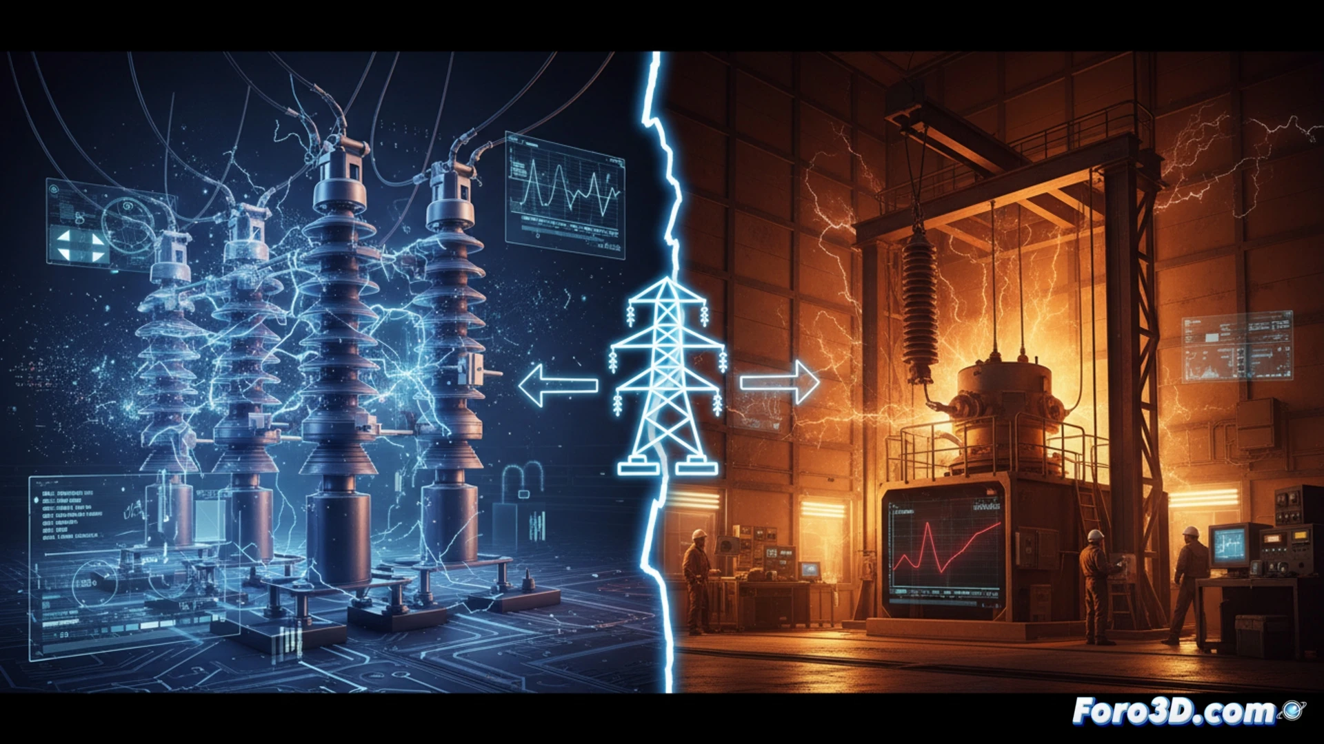 Una simulación computacional 3D muestra herrajes de alta tensión en 500 kV, con líneas trifásicas y cables HVDC submarinos, contrastando datos virtuales con mediciones reales.