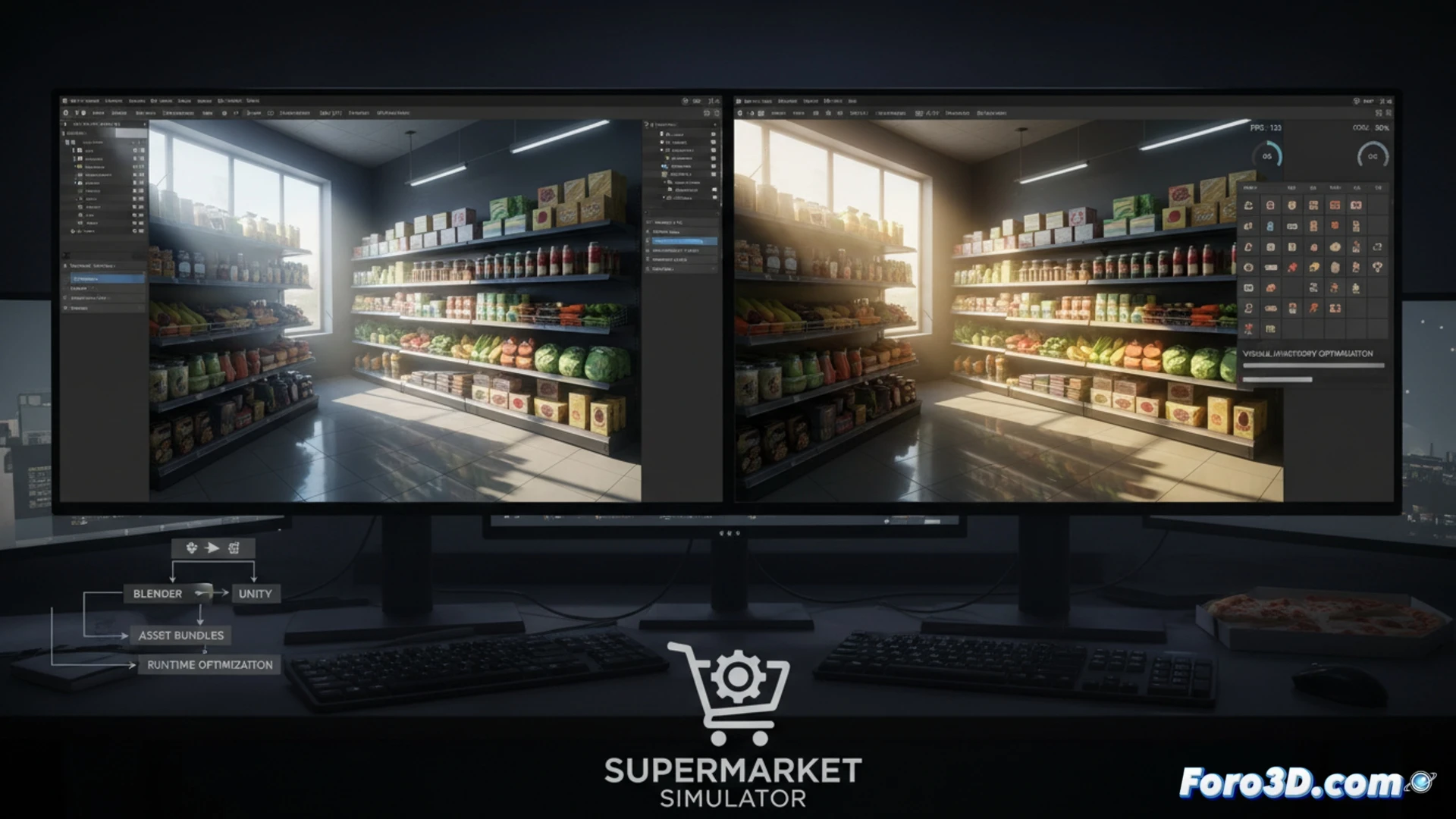 Simulador supermercado Unity modelado estanterías iluminación interior optimización Blender desarrollo videojuegos