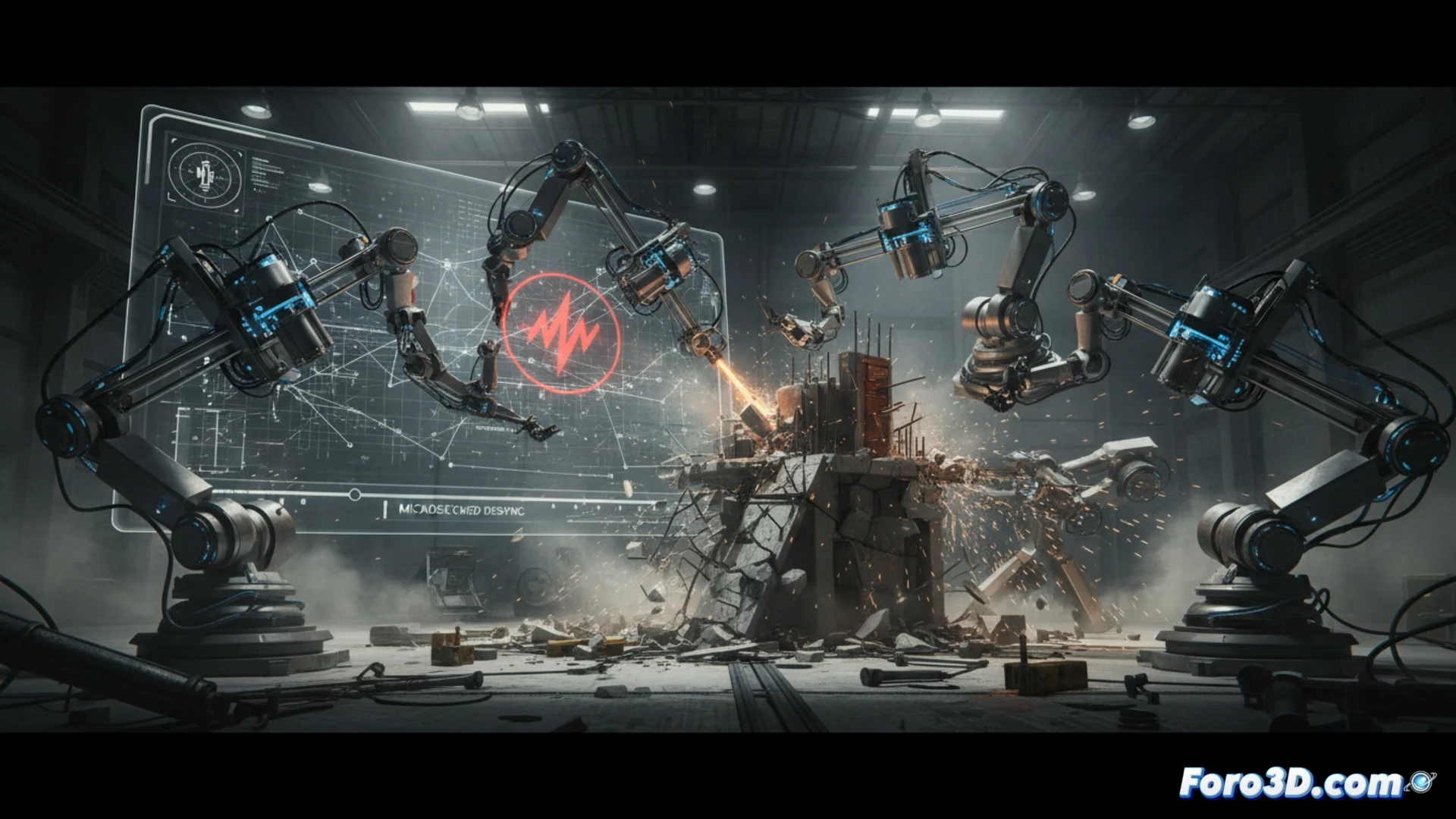 robots de impresion 3D colisionan en obra de hormigon por fallo de sincronizacion en red industrial