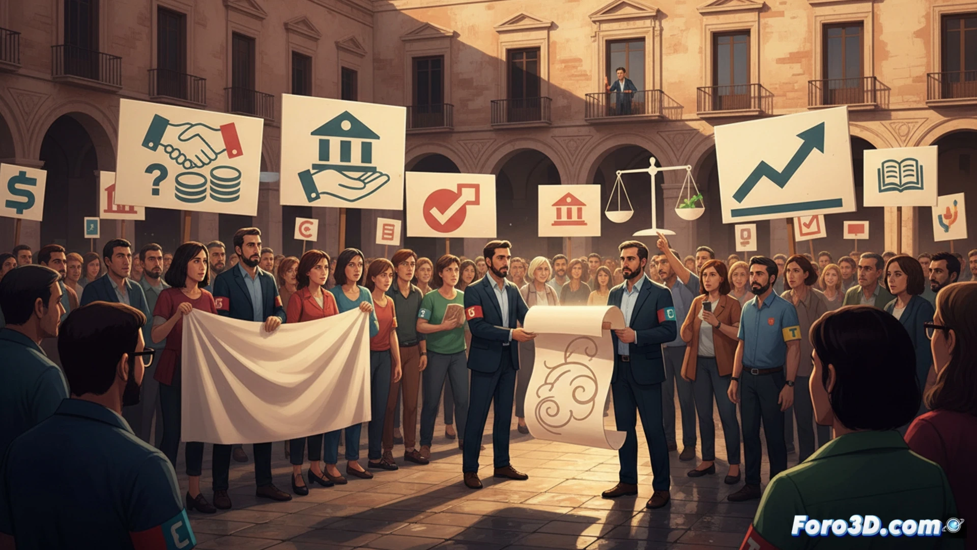 Manifestación de sindicatos docentes en la plaza de Manises, con pancartas exigiendo mejoras salariales y mediación del presidente.