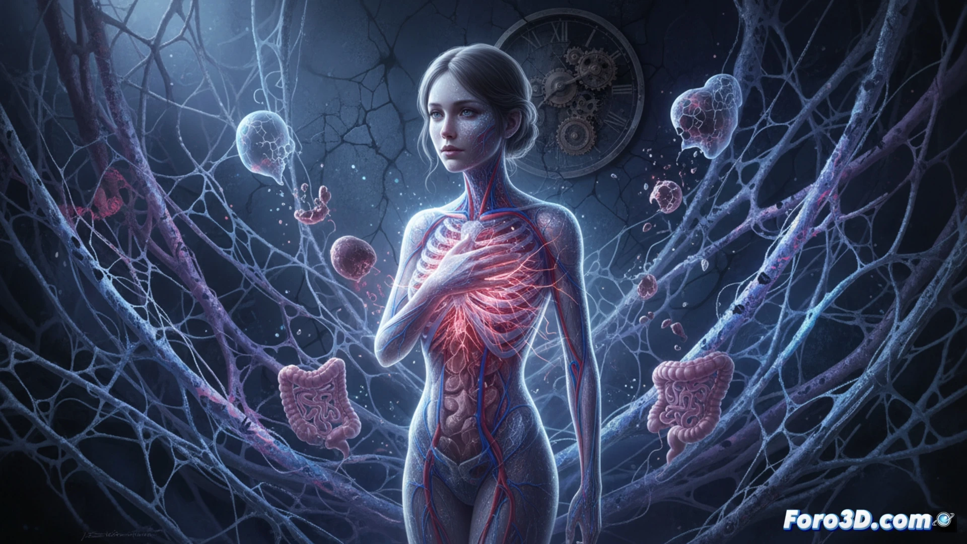 Photorealistic medical visualization of Ehlers-Danlos syndrome, collagen fibers being synthesized incorrectly inside a cell, a genetic mutation symbol glowing red on a DNA strand during replication, hypermobile joint bending beyond normal range while connective tissue tears microscopically, blood vessel wall showing extreme fragility with micro-ruptures, technical illustration style, dramatic bioluminescent lighting, cellular organelles visible, detailed molecular structures, clinical diagnostic atmosphere, ultra-realistic tissue textures, cinematic depth of field