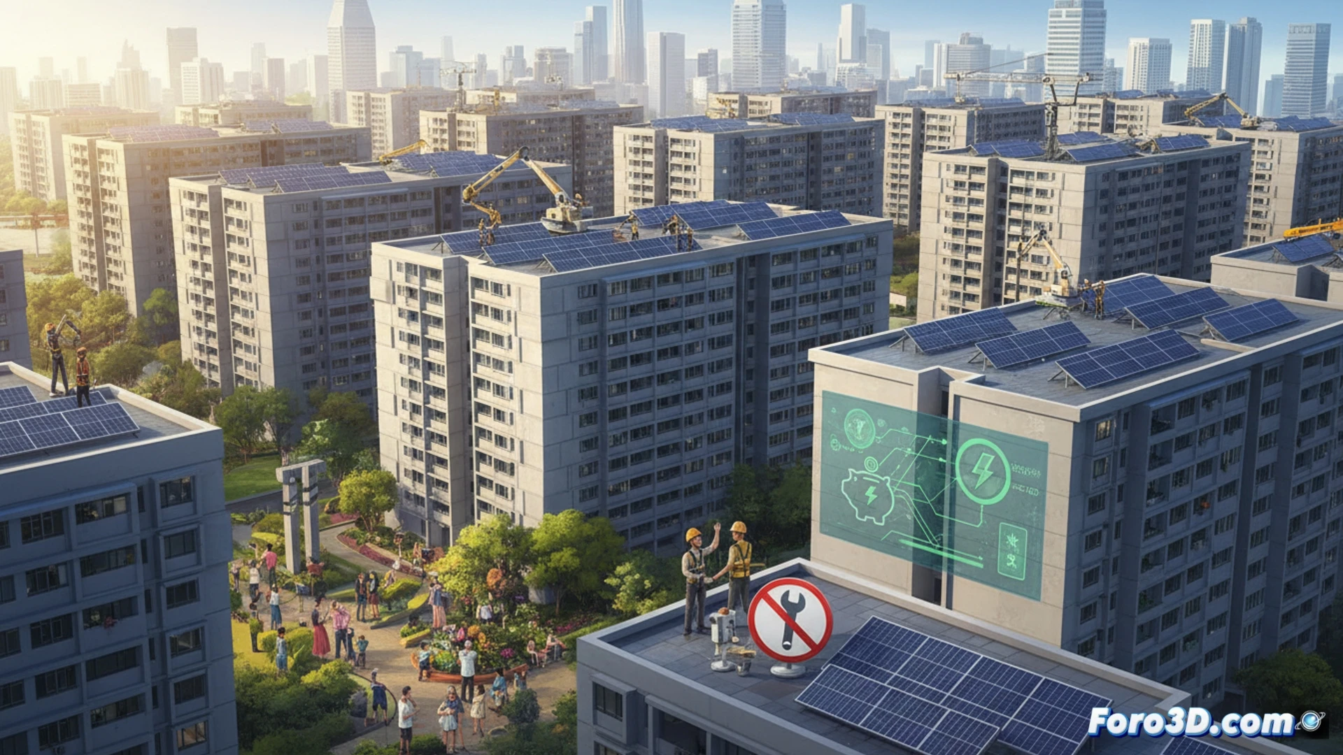 Modern condominium rooftop in Singapore, solar panel installation in progress, workers securing photovoltaic modules on metal racking system, digital energy monitor showing 20-40% savings on common area electricity, building shadows and regulatory boundary lines overlaying adjacent structures, technical illustration style, bright tropical daylight, clean geometric architecture, rooftop equipment visible, realistic engineering visualization, action of panel alignment and wiring connection, regulatory restriction zones highlighted with translucent red overlay, maintenance fund chart displayed on tablet, ultra-detailed photovoltaic cells, industrial safety equipment, photorealistic technical render