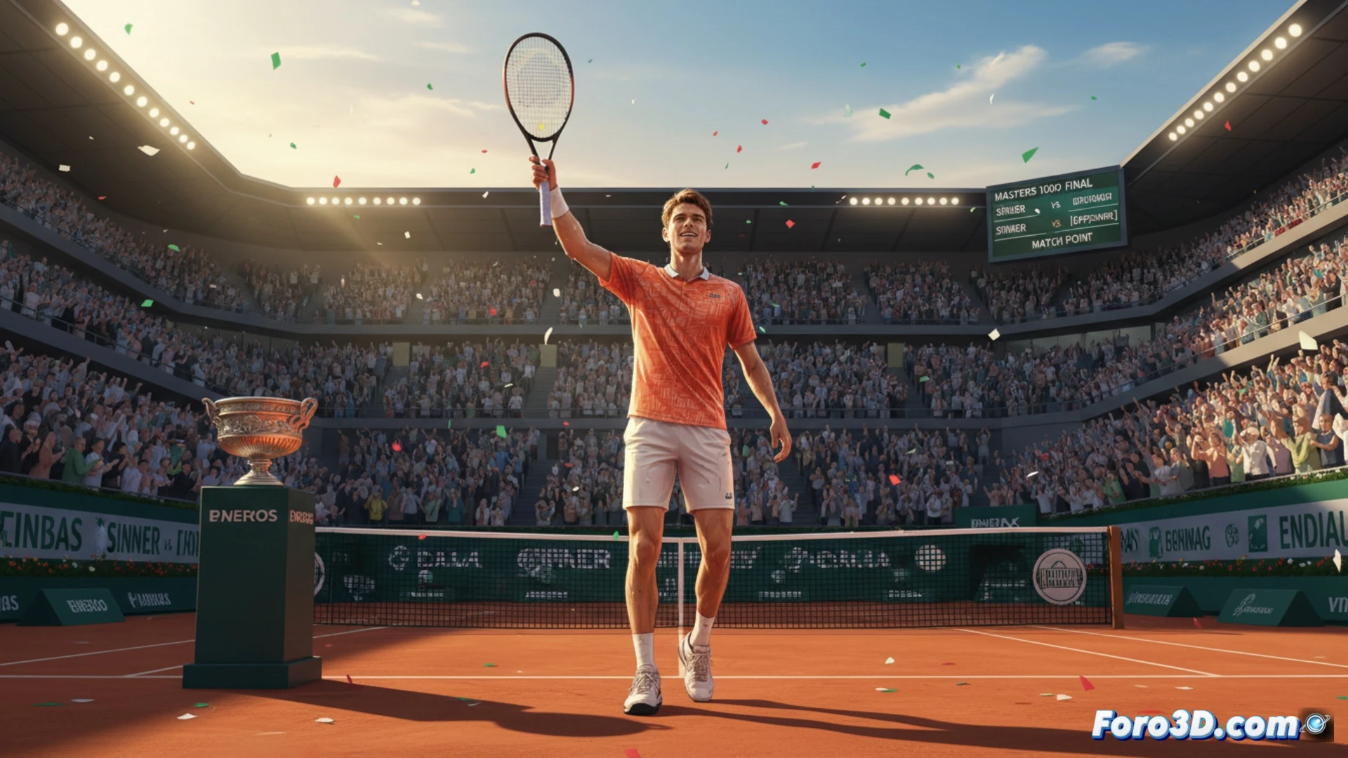Jannik Sinner levanta el puño en la cancha, con el marcador de fondo mostrando 5 títulos consecutivos de Masters 1000.
