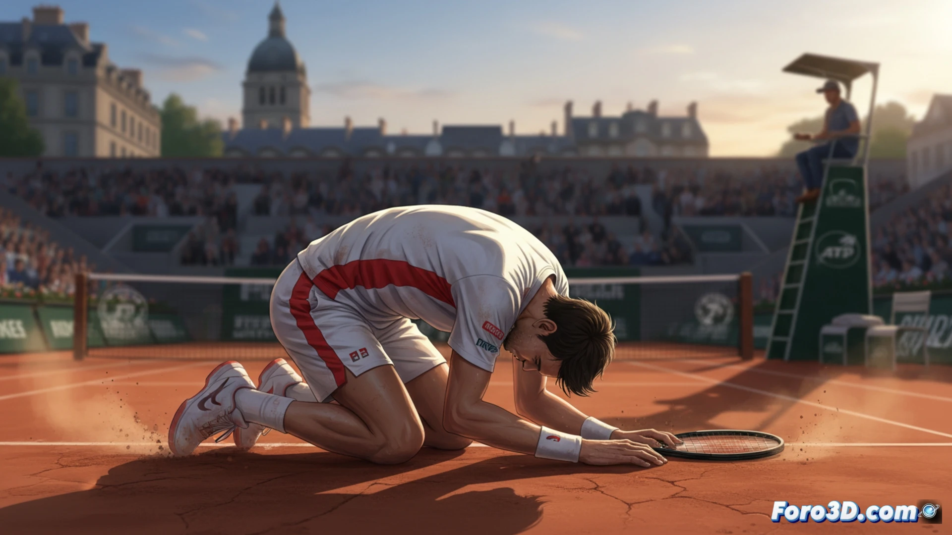 photorealistic tennis court scene, Jannik Sinner collapsing mid-match, body tilting forward with racket dropping from his hand, sweat droplets frozen in motion, red clay dust rising around his shoes, opponent Cerundolo paused in background with concerned expression, visible fatigue lines on Sinner’s face, stadium lights casting dramatic shadows, blurred crowd in stands, stopwatch overlay showing match duration, heart rate monitor graph dipping sharply on a nearby bench, medical bag open with electrolyte packets, cinematic sports photography style, high contrast lighting emphasizing exhaustion, ultra-detailed fabric texture on damp shirt, realistic skin tone with pallor, motion blur on swinging racket, technical athletic biomechanics visualization