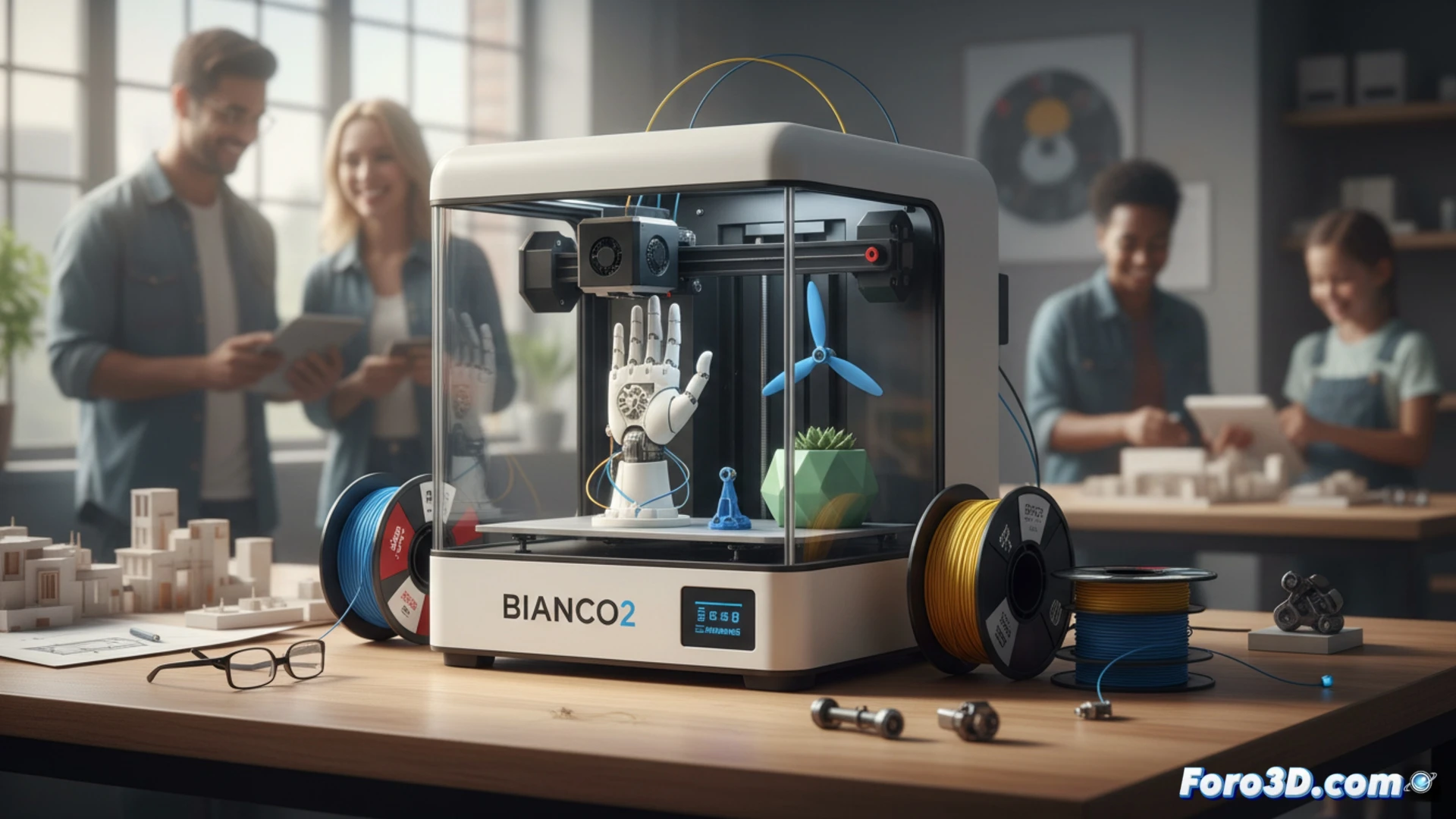 Compact desktop 3D printer BIANCO2 mid-print, transparent enclosure revealing a custom prosthetic hand being fabricated layer by layer, spool of generic white filament feeding into the extruder, open filament holder with multiple third-party spools nearby, designer adjusting print settings on a laptop with slicing software interface visible, small workshop bench with calipers and replacement parts scattered around, warm industrial lighting, clean white and metallic surfaces, precise nozzle depositing molten plastic on the print bed, technical engineering visualization, photorealistic render, shallow depth of field focusing on the printing process