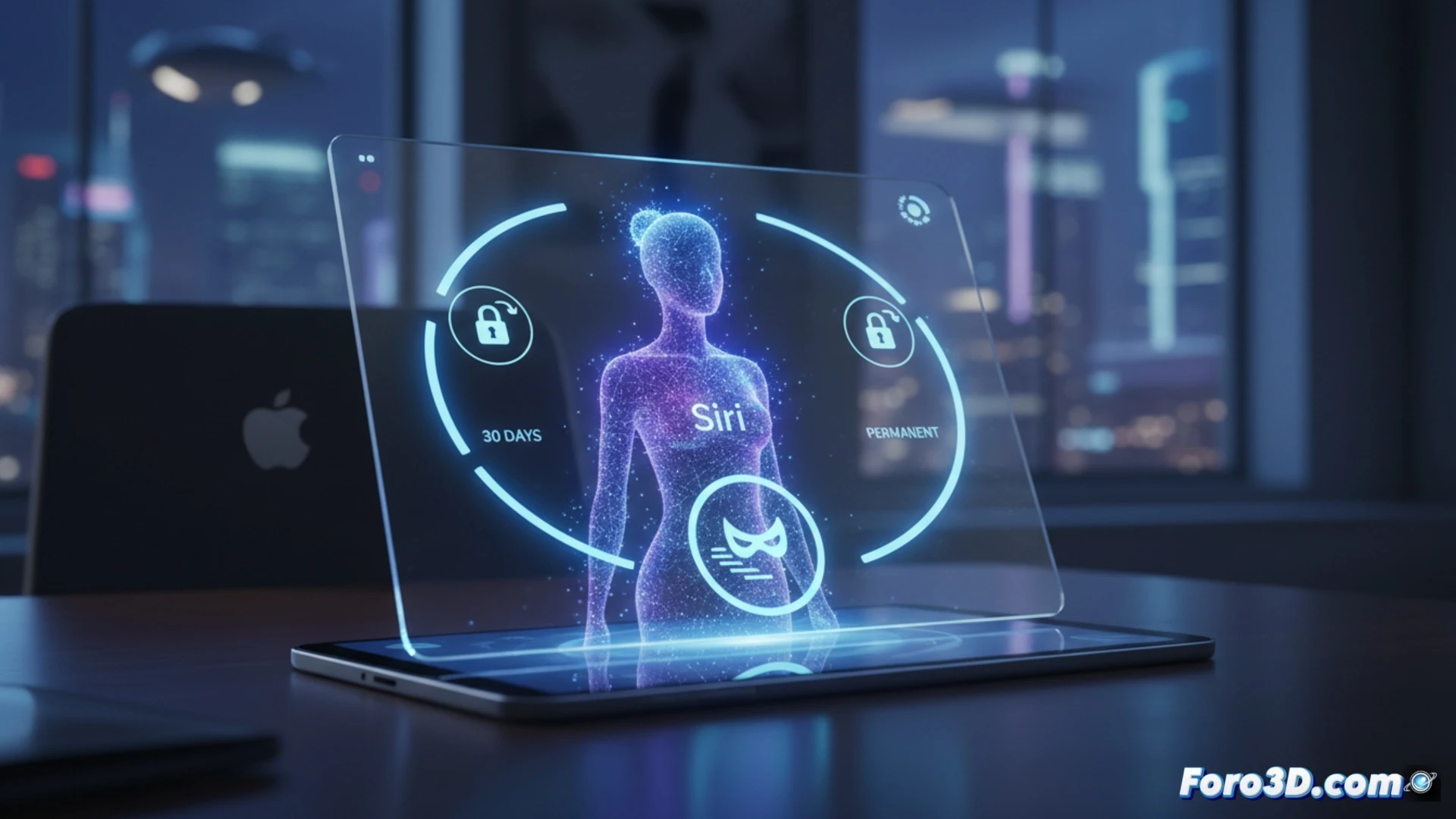 Siri interface on a floating holographic timeline, user finger sliding a slider between 30 days and permanent storage, binary data streams fading into a glowing lock icon, Apple-style minimalist UI floating above a translucent iPhone, soft cyan and white lighting, photorealistic technical illustration, polished glass reflections, privacy shield symbol dissolving into particles, calm futuristic atmosphere, ultra-detailed icons and typography placeholders, cinematic product render