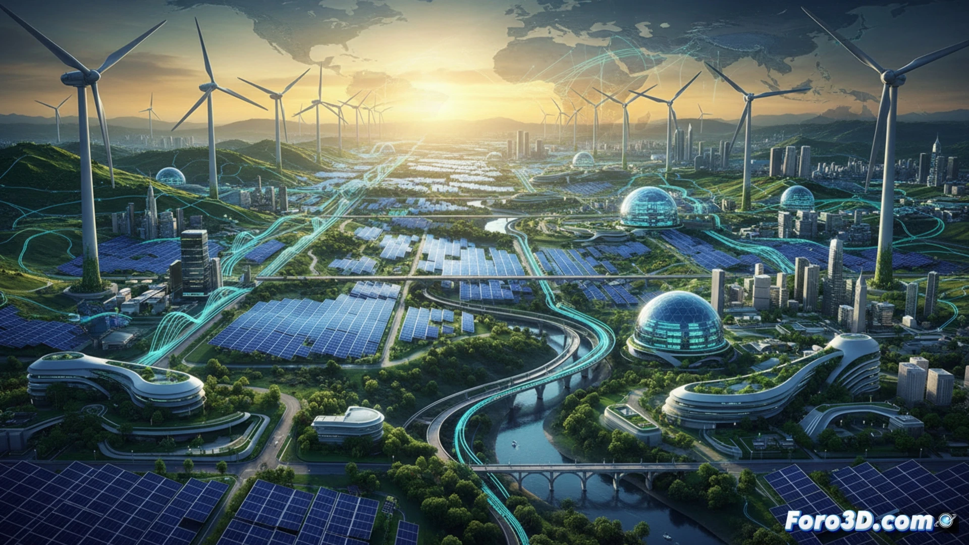 global renewable power grid expansion visualization, massive offshore wind turbines and solar farms interconnected across continents, high-voltage transmission lines carrying electricity across oceans and deserts, energy demand management dashboard showing real-time load balancing, engineers monitoring smart grid control room with holographic displays of 2050 energy flow, cinematic engineering visualization, glowing blue energy pathways connecting continents, photorealistic technical render, dramatic dawn lighting over solar panels and wind turbine arrays, ultra-detailed infrastructure components