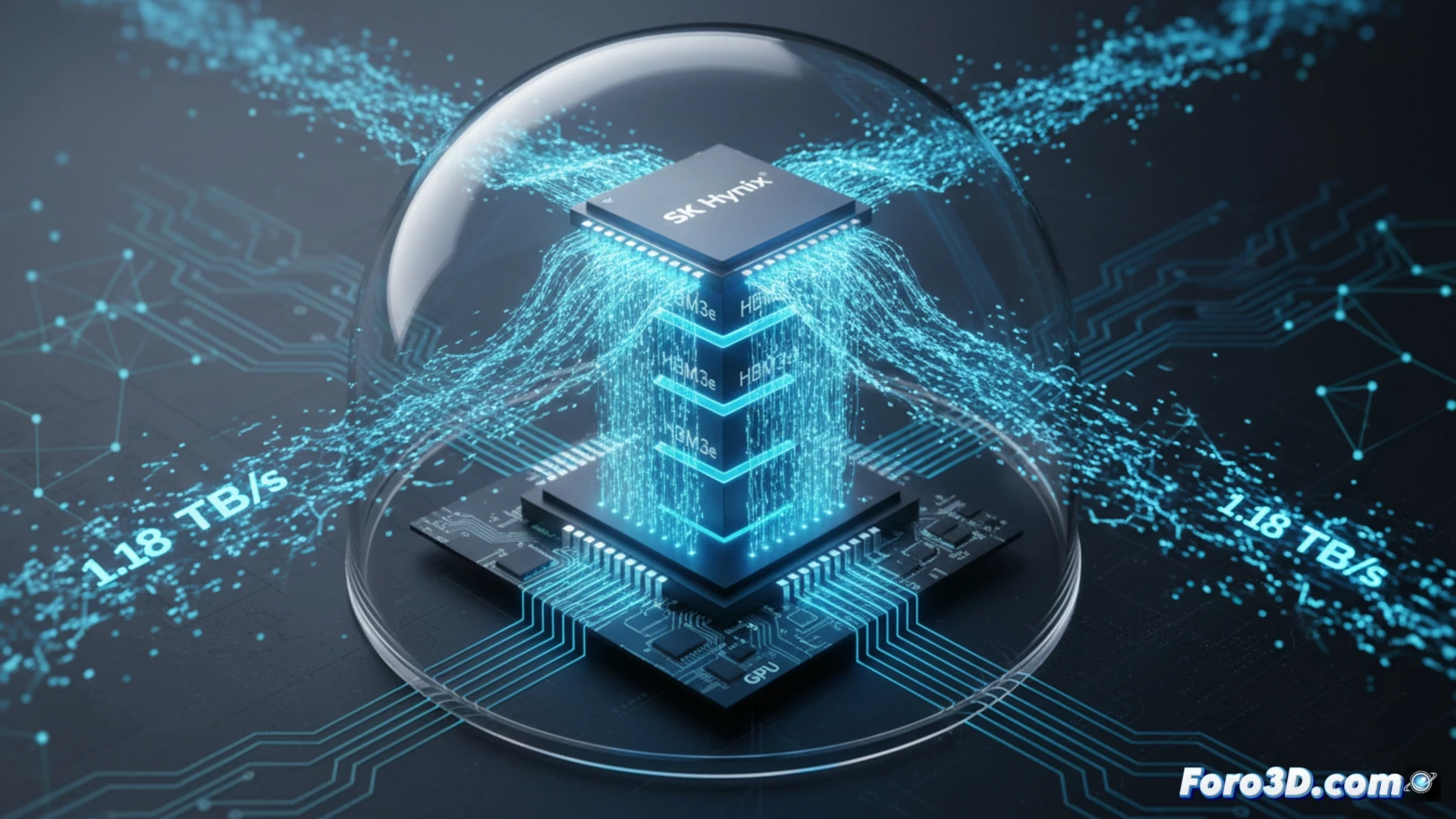 SK Hynix HBM3e memory stack glowing with internal data flow, 1.18 TB/s transfer visualized as bright blue energy streams, connecting directly to a Blackwell GPU die, silicon interposer and TSV channels visible, massive AI workload processing, heat sinks and copper traces, cinematic engineering visualization, photorealistic technical render, macro lens, dramatic industrial lighting, intricate semiconductor layers, motion blur on data particles
