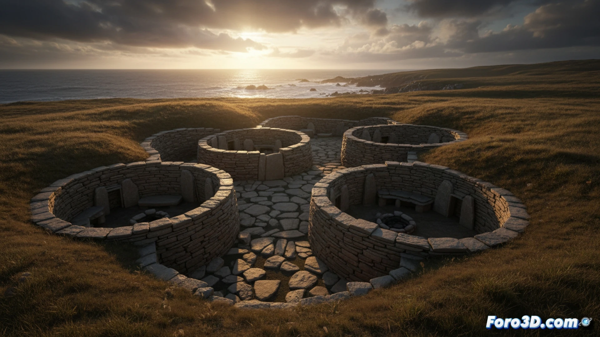 Neolithic stone village of Skara Brae during sudden abandonment, wind-swept coastal grass and storm clouds over Orkney islands, stone hearth still glowing with embers while clay pots and bone tools scatter across flagstone floor, wooden shelves holding unharvested limpets, abandoned leather spindle whorl and flint blade on sleeping platform, cold grey sea mist rolling through narrow passageways, cinematic photorealistic archaeological visualization, dramatic overcast natural lighting, weathered sandstone textures, ancient tool details visible, mysterious atmospheric tension, ultra-detailed stone masonry