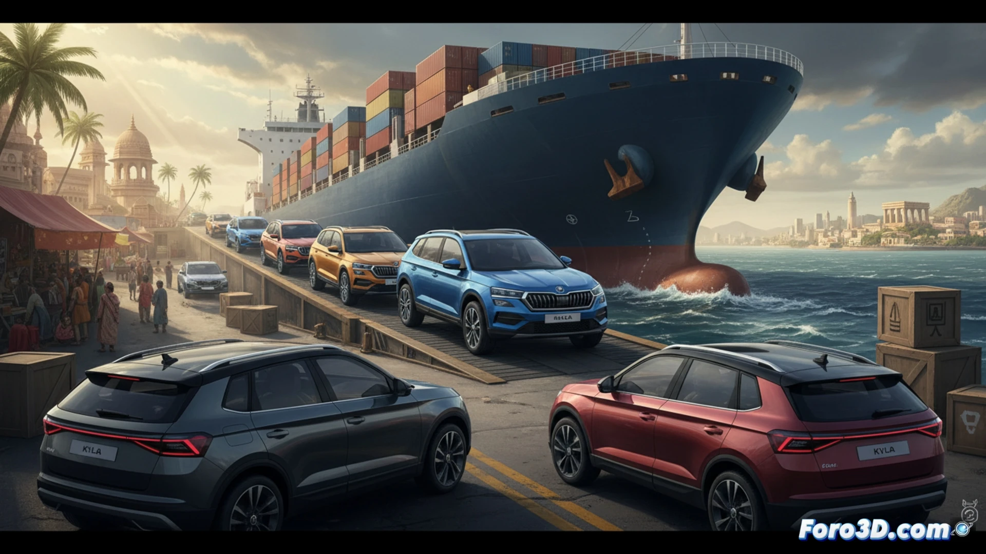 compact SUV Kylaq body shell being lifted by robotic arms on an Indian assembly line, logistics container ship visible through factory window, European road map projected as hologram over the vehicle, engineers analyzing cost charts on tablet screens, action of vehicle being prepared for export testing, technical engineering visualization, photorealistic industrial lighting, metallic blue paint reflecting factory neon lights, robotic welding sparks in background, detailed mechanical components under chassis, cinematic wide-angle shot