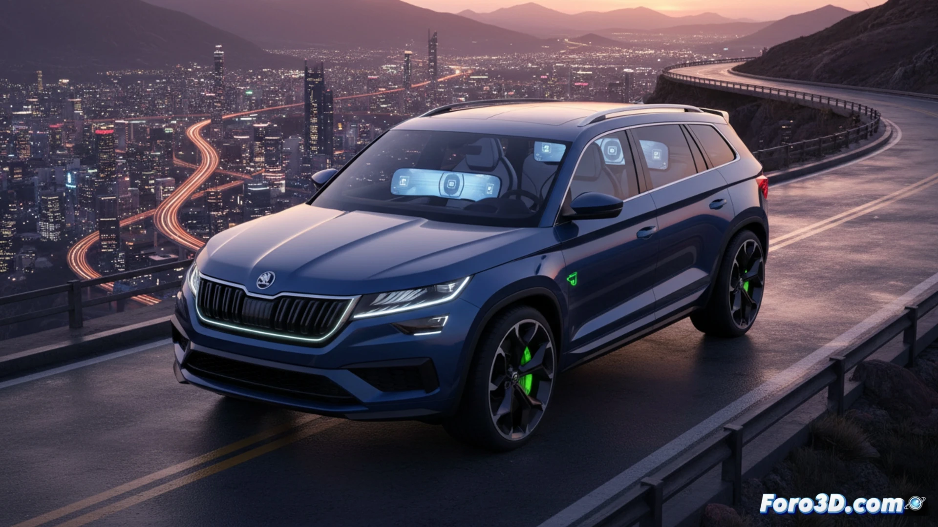 Skoda Kodiaq 2027 prototype undergoing night testing, front bumper and split LED headlights illuminated, glowing matrix beam cutting through fog, partial camouflage peeling off grille, interior visible through open door showing large touchscreen and digital cockpit with no physical buttons, RS badge on rear hatch with charging port open and cable connected, engineering team adjusting sensors and camera array on roof, cinematic automotive photography style, dramatic low-angle shot, wet asphalt reflecting lights, metallic silver body, photorealistic technical render, motion blur on passing trees