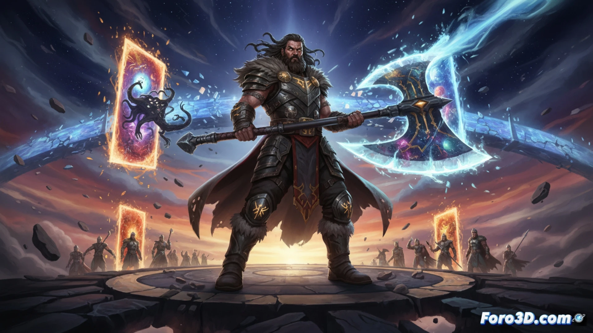 Skurge el Ejecutor con hacha dimensional en Asgard, modelo 3D para videojuego de acción y combate