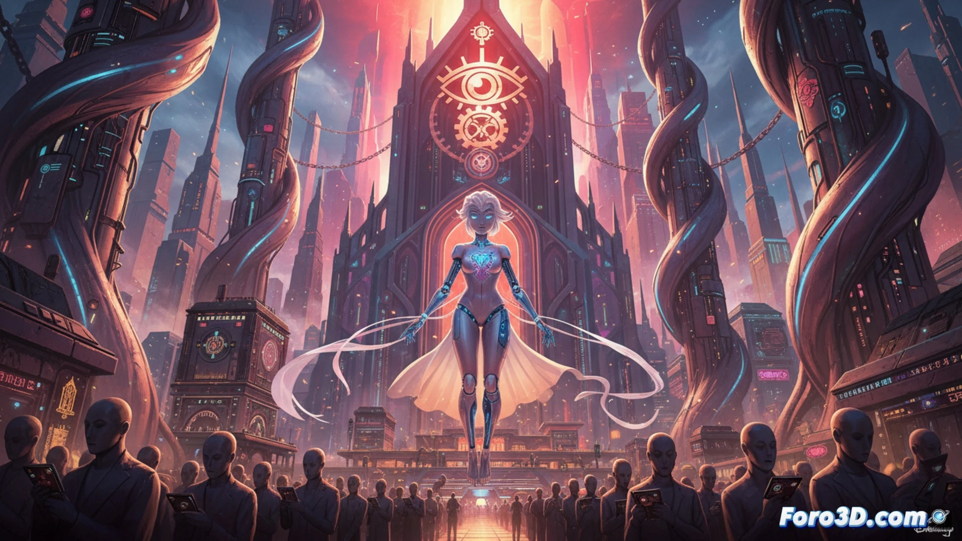 Portada de Sky Doll con Noa androide pop futurista entre iconos religiosos y tecnología brillante