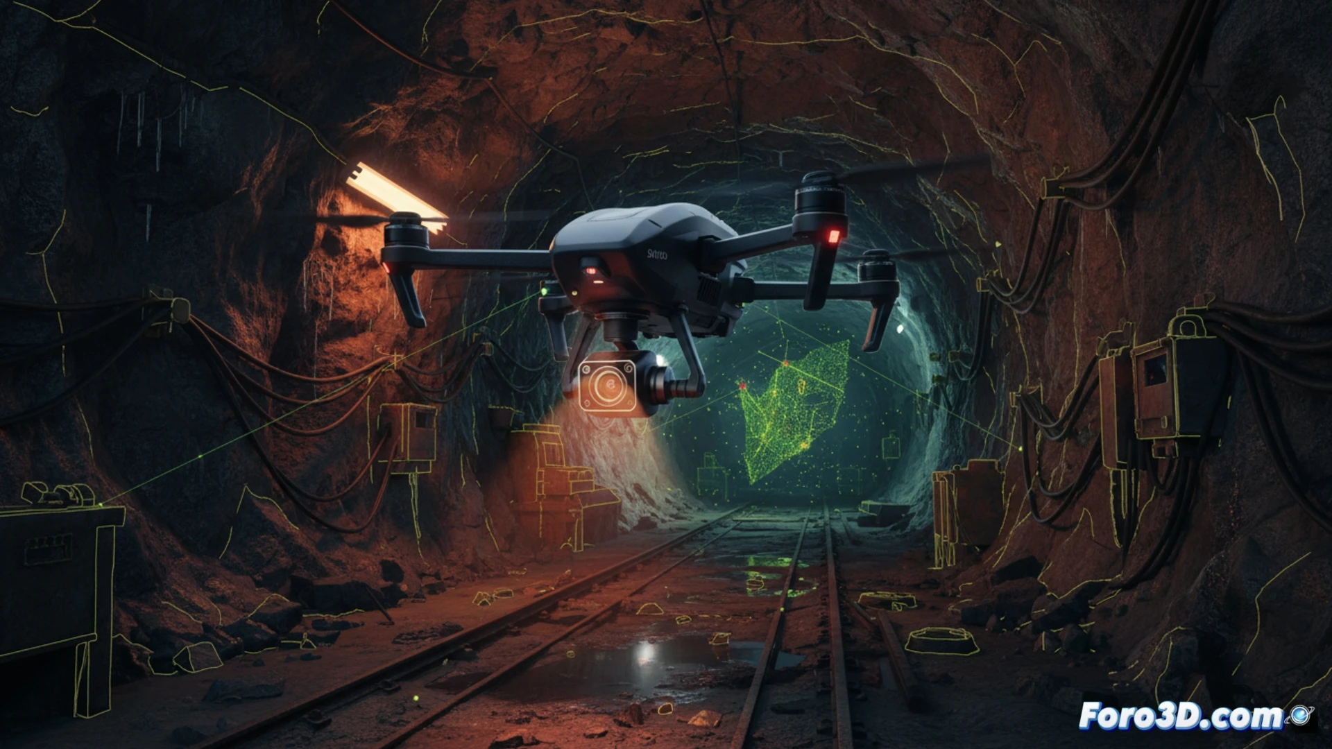 Dron Skydio X10 volando en oscuridad total con sensores térmicos y cámara nocturna para topografía 3D