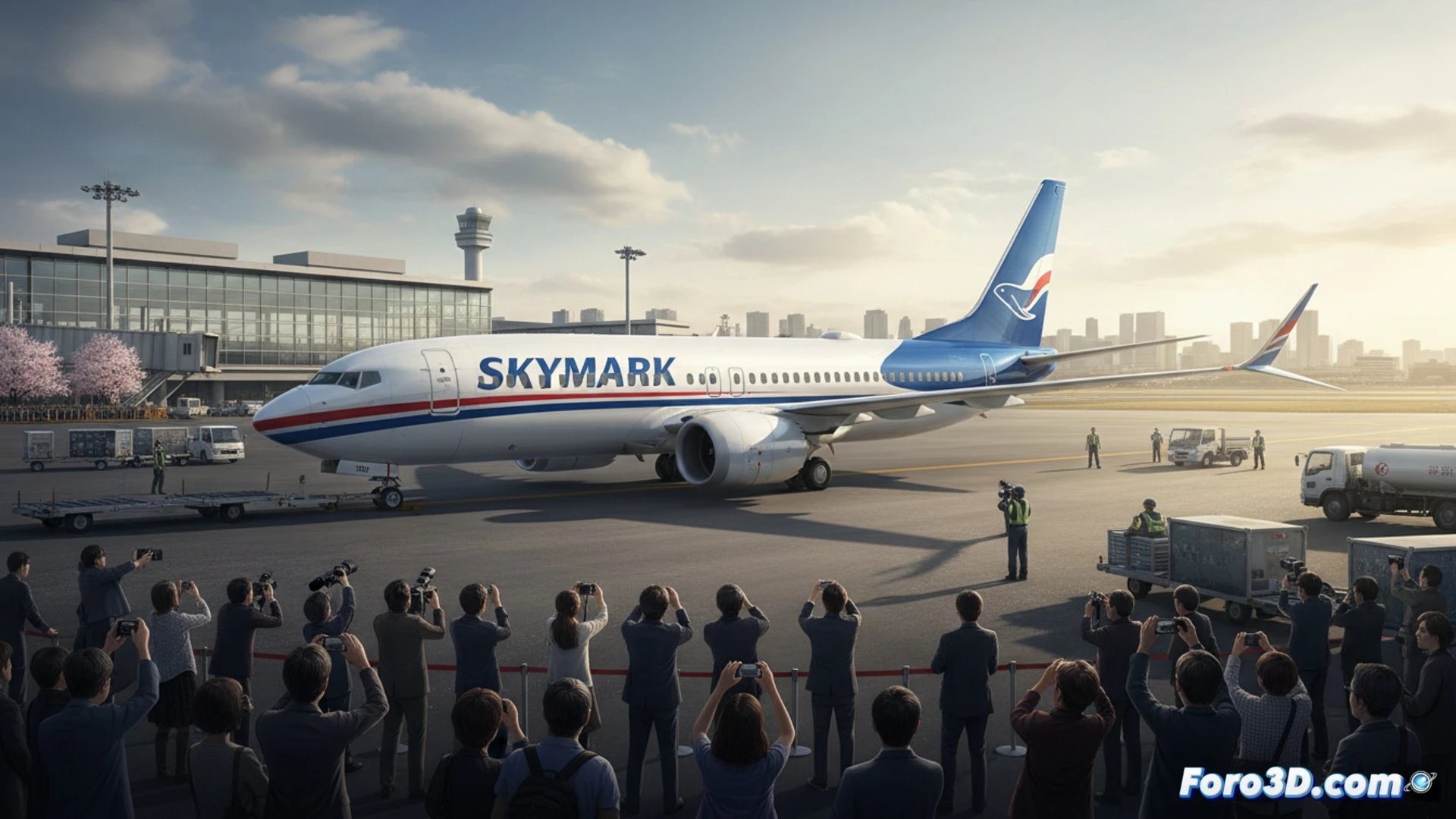 Boeing 737 MAX de Skymark durante rodaje en pista del Aeropuerto de Haneda, luces de navegación encendidas al atardecer, tren de aterrizaje en movimiento mostrando neumáticos y actuadores hidráulicos, motores LEAP-1B en operación con leves ondas de calor visibles, técnicos en plataforma de mantenimiento inspeccionando alerones y slats extendidos, reflejos metálicos en el fuselaje blanco y azul, fondo con torre de control y hangares iluminados, cinematográfica iluminación industrial nocturna, photorealistic engineering visualization