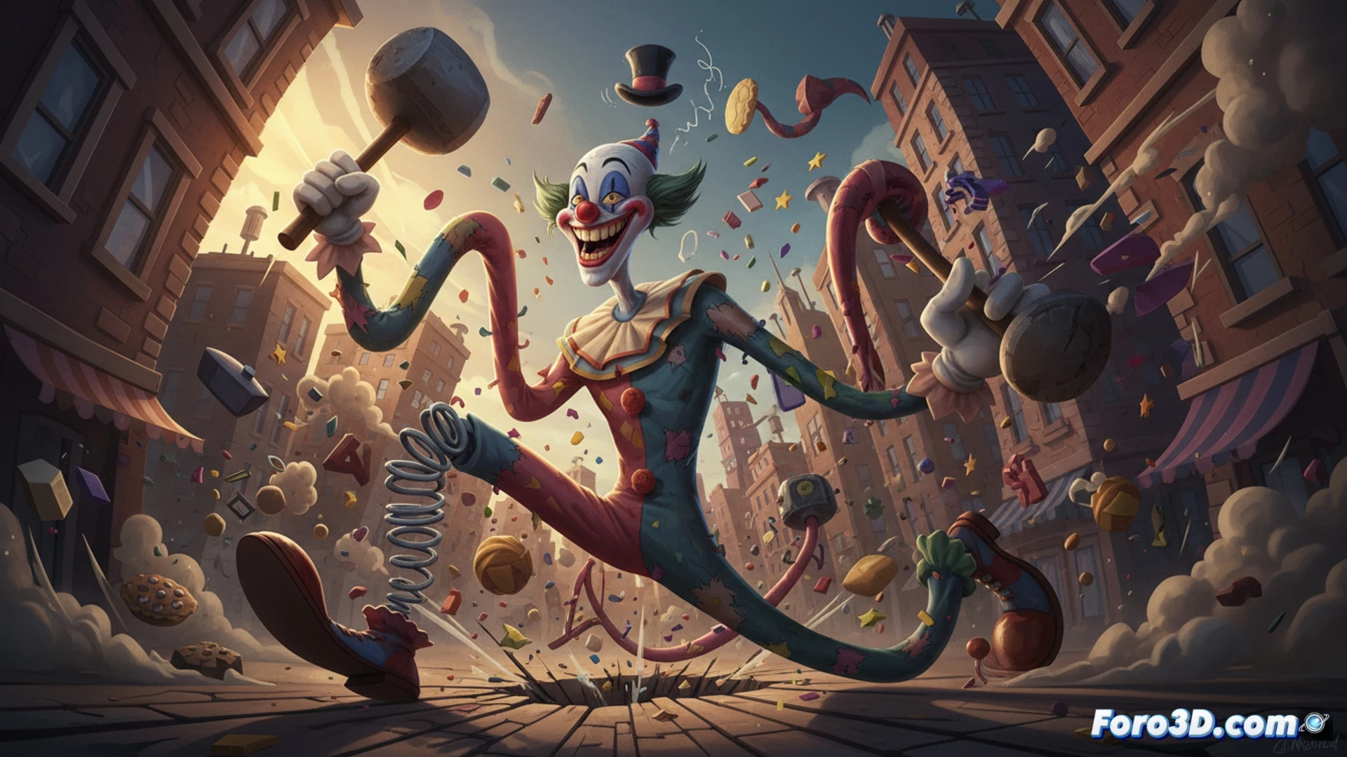 Slapstick Marvel 3D con rigging cartoon, animación caótica y partículas en escena de acción cómica