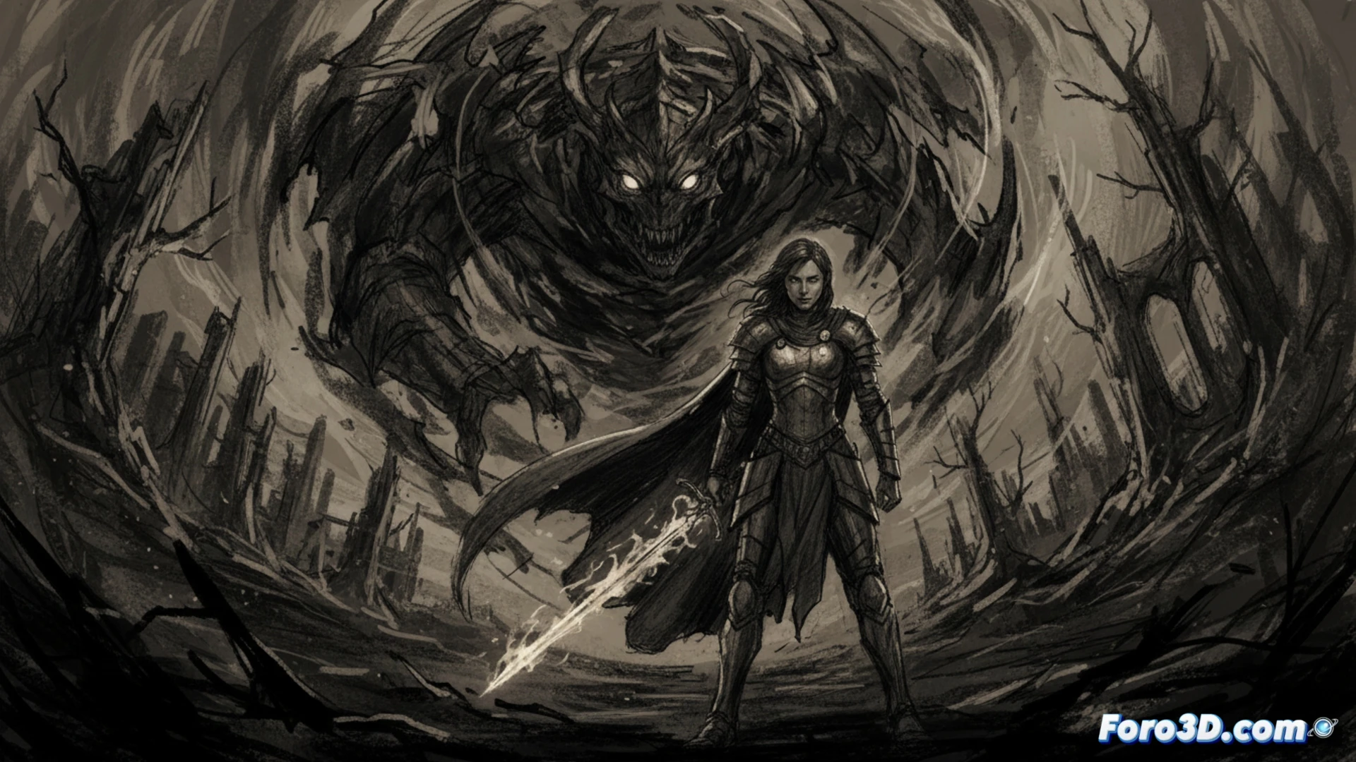 Boceto a carboncillo de princesa con fondo oscuro y trazos expresivos, estilo narrativo oscuro