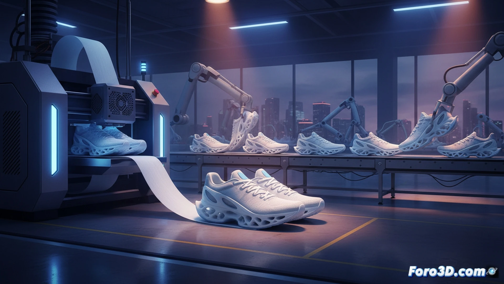 SLS laser sintering a PEBA powder bed into a midsole lattice, robotic arm removing finished shoe from build platform while a second printer starts a new layer, glowing laser beam tracing complex honeycomb geometry, translucent white PEBA granules falling from overhead hopper, real-time 3D model displayed on monitor showing stress distribution, industrial production line with multiple printers operating in parallel, cinematic engineering visualization, high-contrast lighting, metallic chamber interior, fine powder particles suspended in air, ultra-detailed mechanical components, photorealistic technical render