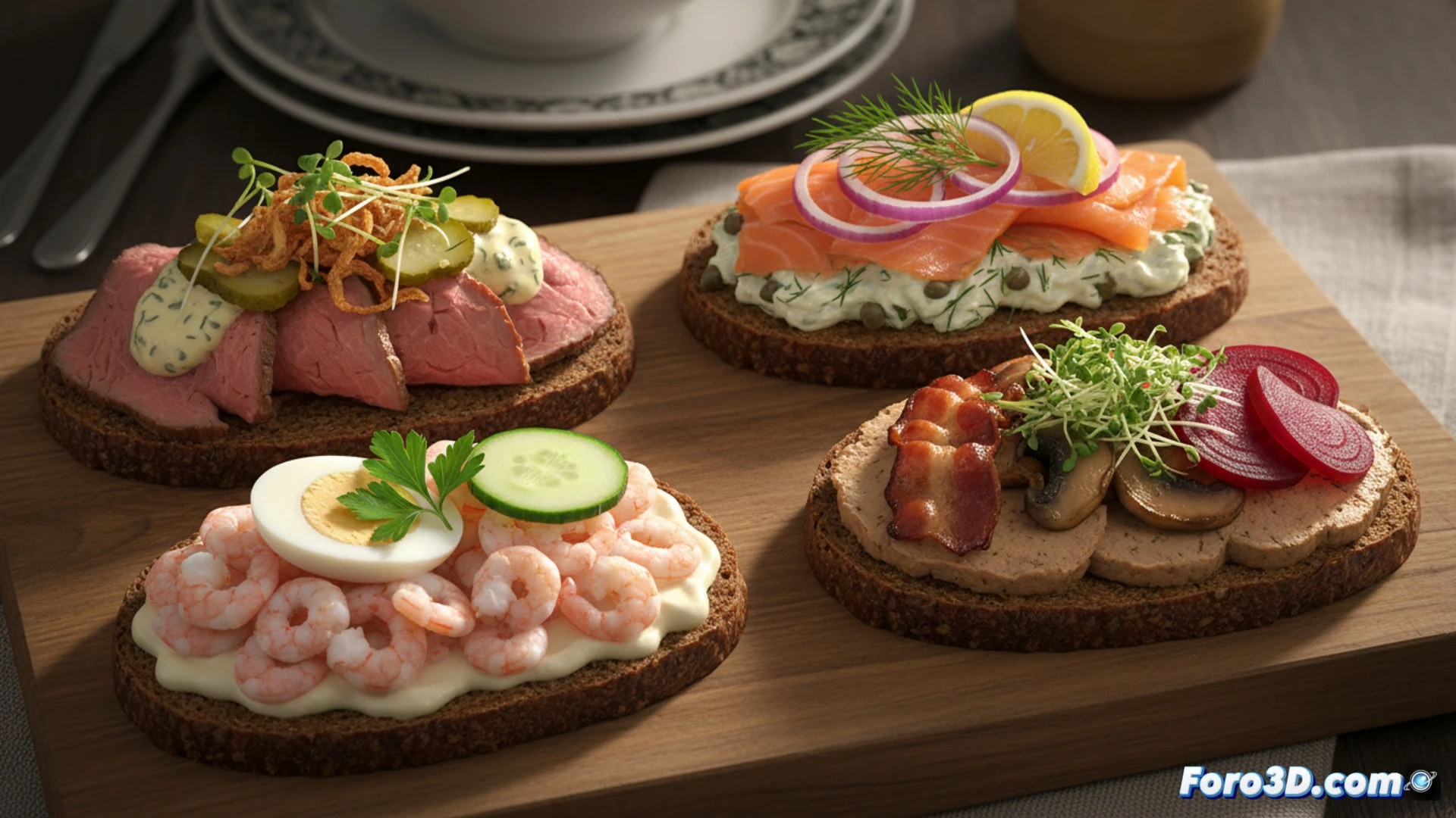 Primer plano de un smørrebrød sobre pan de centeno oscuro con mantequilla, salmón y eneldo, mostrando capas y texturas.