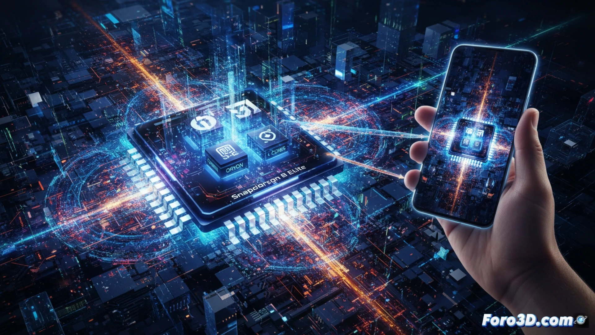 Chip Snapdragon 8 Elite con núcleos Oryon sobre placa de circuito, litografía avanzada