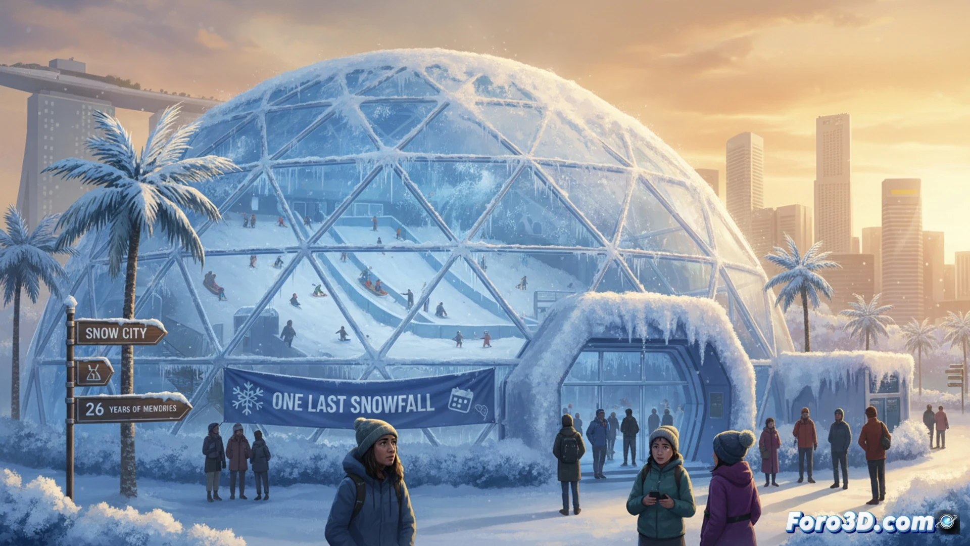 Snow City indoor snow centre in Singapore, artificial snow falling from ceiling nozzles onto a tropical-climate family building a snowman, children throwing snowballs while wearing winter jackets in 30°C equatorial heat, melting snow creating puddles on the insulated floor, technical cutaway showing refrigeration pipes and snow-making machinery behind the walls, cinematic engineering visualization, cold blue lighting contrasting with warm outdoor haze visible through glass panels, ultra-detailed snowflake textures, industrial HVAC vents, photorealistic technical render