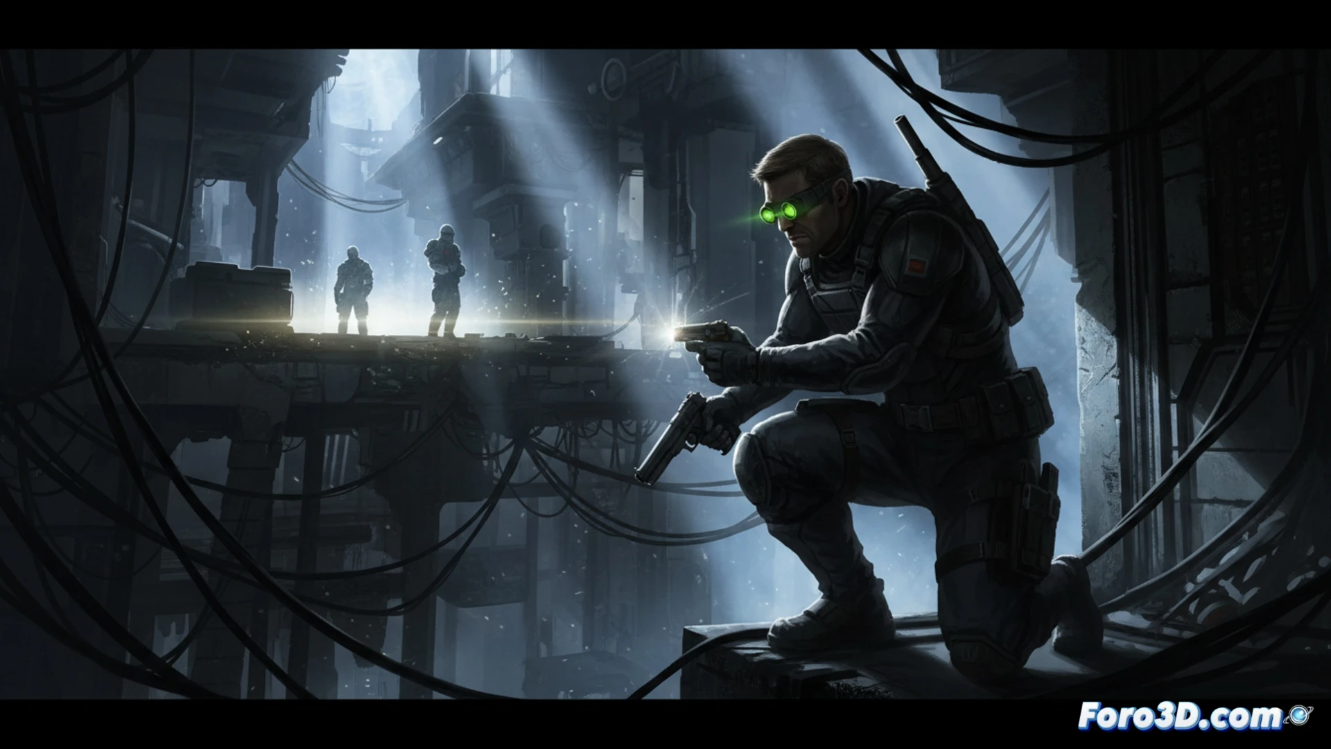 Sam Fisher en sombras con linterna encendida, reflejos dinámicos en Snowdrop Engine