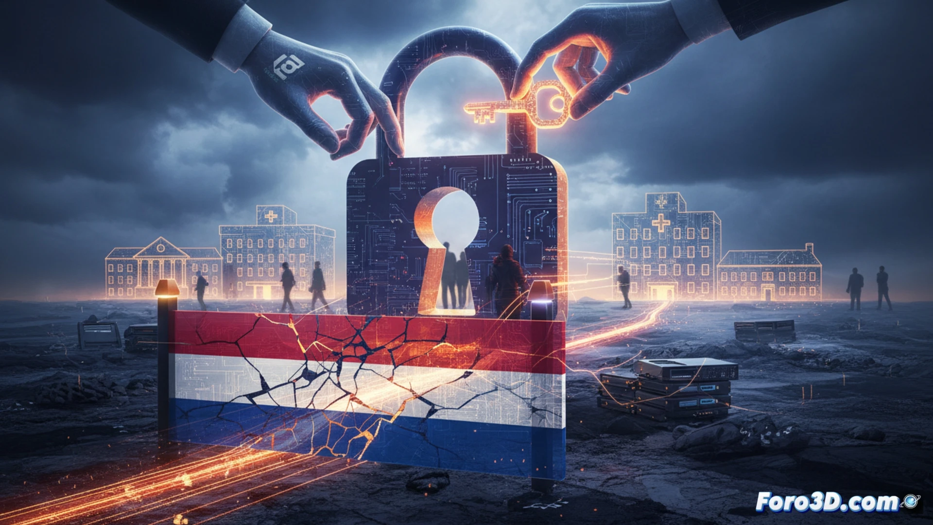 Photorealistic technical illustration showing a Dutch government server room with a padlocked chain wrapping around a foreign cloud provider logo projected on a holographic screen, while a digital padlock icon cracks open as data streams flow outward toward distant skyscrapers labeled with international flags, European privacy shield documents crumbling into dust during the process, server racks glowing with warning red lights, network cables being unplugged by an unseen force, dramatic cinematic lighting with shadows and cool blue-orange contrast, ultra-detailed hardware components, surveillance camera lenses reflecting fractured code, engineering visualization style