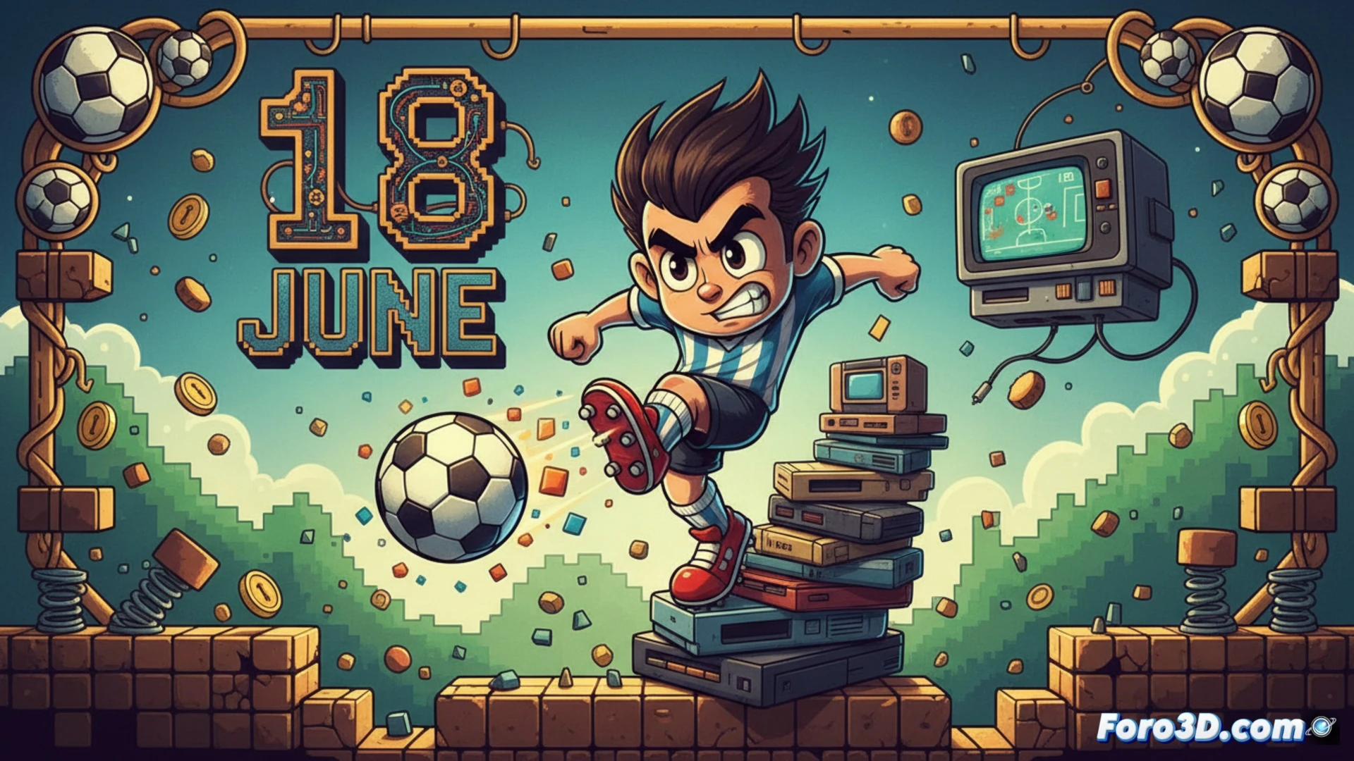 Retro pixel-art kid character executing a bicycle kick in mid-air, glowing soccer ball trailing motion lines, hitting a floating gear-shaped platform, SNES console cartridge partially visible in background with CRT scanline overlay, classic 16-bit platformer level design with hidden door and power-up block, nostalgic arcade cabinet aesthetic, vibrant neon cyan and magenta palette, pixel-perfect sprite animation style, dramatic action pose, dynamic camera angle showing vertical platforming section, technical retro gaming illustration