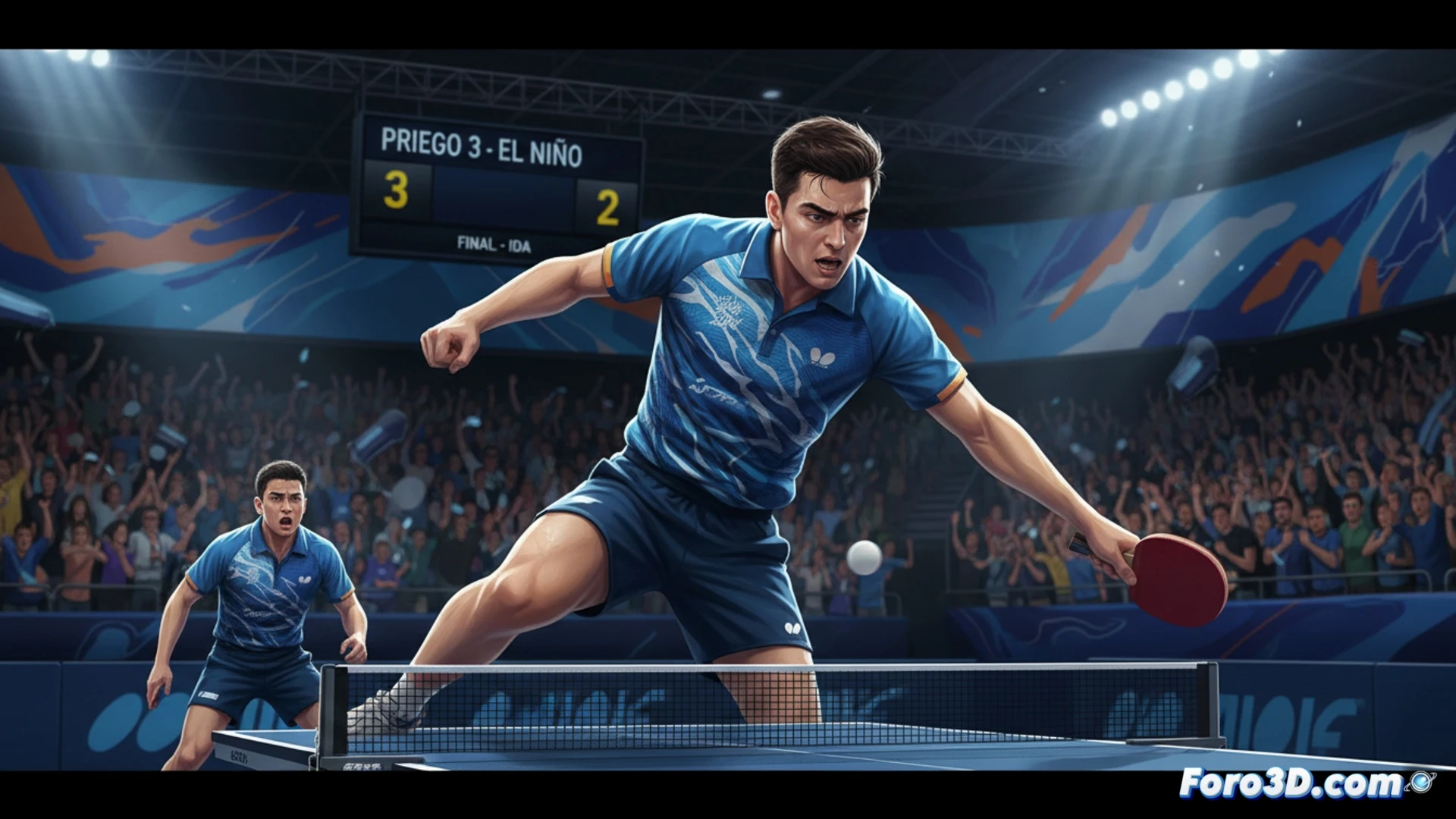professional tennis player executing a powerful forehand stroke on a clay court, ball mid-flight with visible spin and impact deformation, opponent in background lunging for a return, scoreboard showing 3-2 set count, dramatic stadium lighting casting long shadows, red clay particles spraying from shoe traction, net tension cables vibrating from previous shot, photorealistic sports photography style, high-speed action freeze-frame, depth of field blurring crowd, sweat droplets frozen in motion, ultra-detailed racket string bed and court line markings