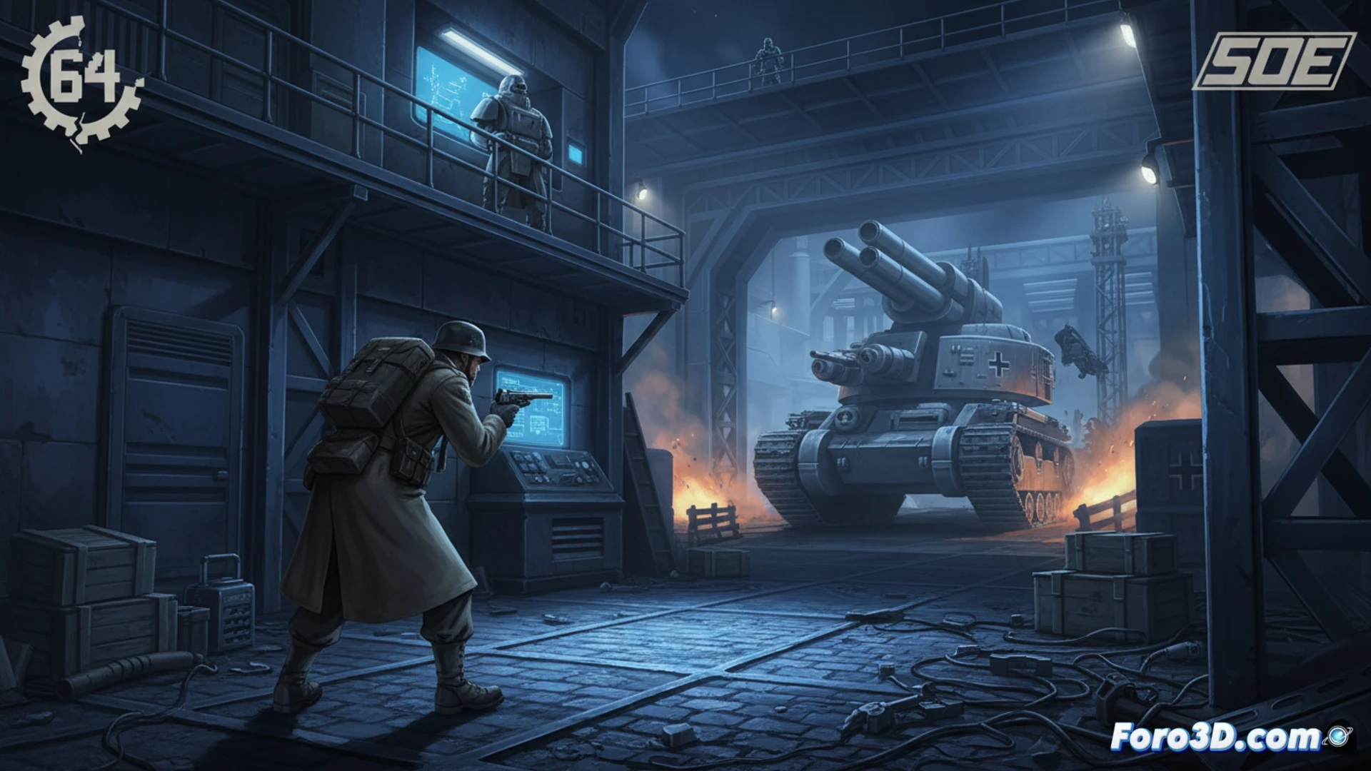World War 2 soldier crouching in dimly lit bunker corridor, holding silenced pistol while peering around concrete corner, targeting a German officer near a radio console, retro green-tinted CRT monitor displaying grainy wireframe map, dusty ventilation shafts above, worn leather boots on debris-strewn floor, low-poly angular geometry evoking Nintendo 64 aesthetics, cinematic dramatic lighting with single overhead bulb casting long shadows, photorealistic technical render with film grain texture, tense stealth action moment frozen in time