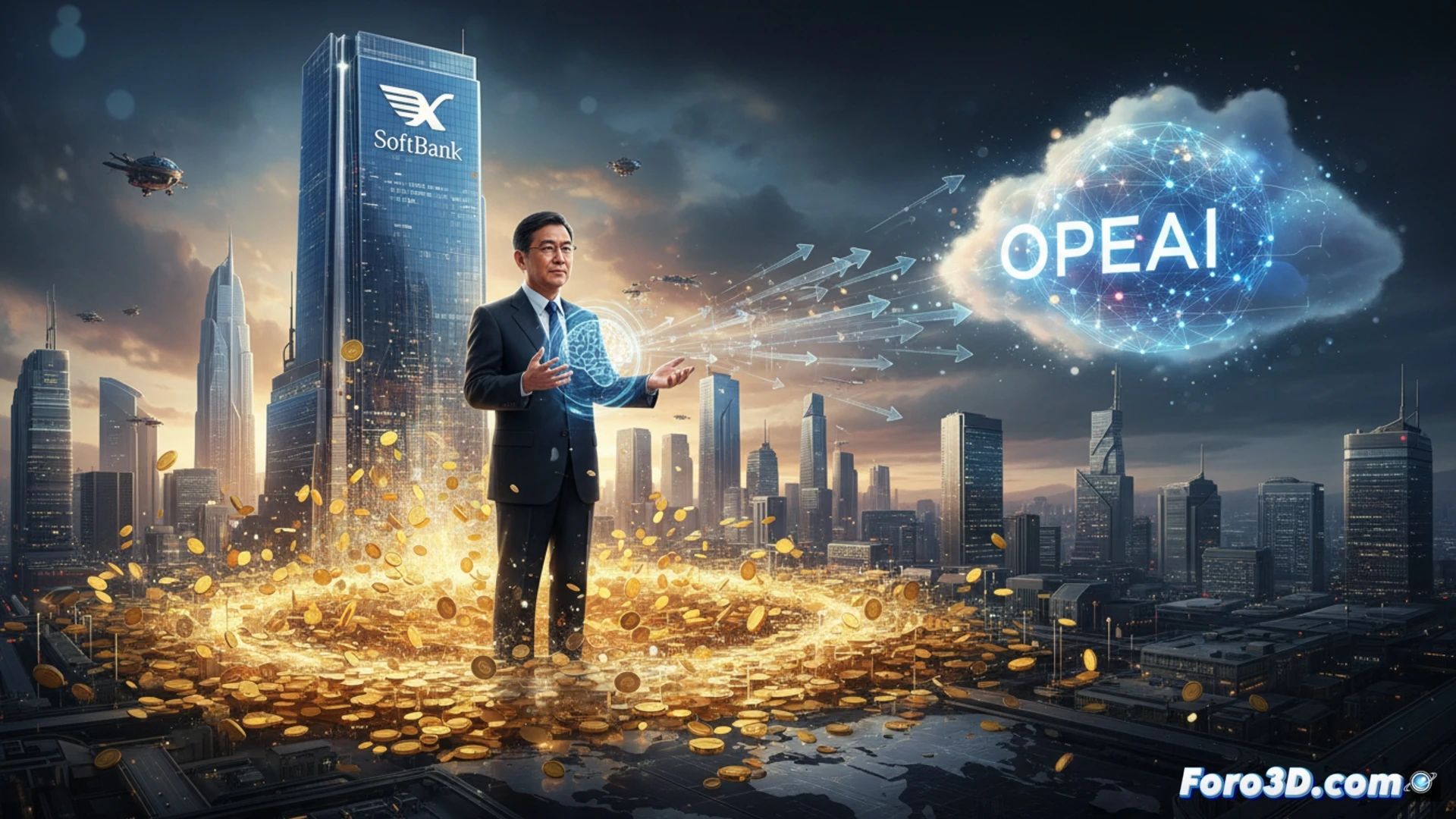 Masayoshi Son sonríe ante gráficos de IA que se disparan, con el logo de OpenAI brillando sobre montones de yenes.