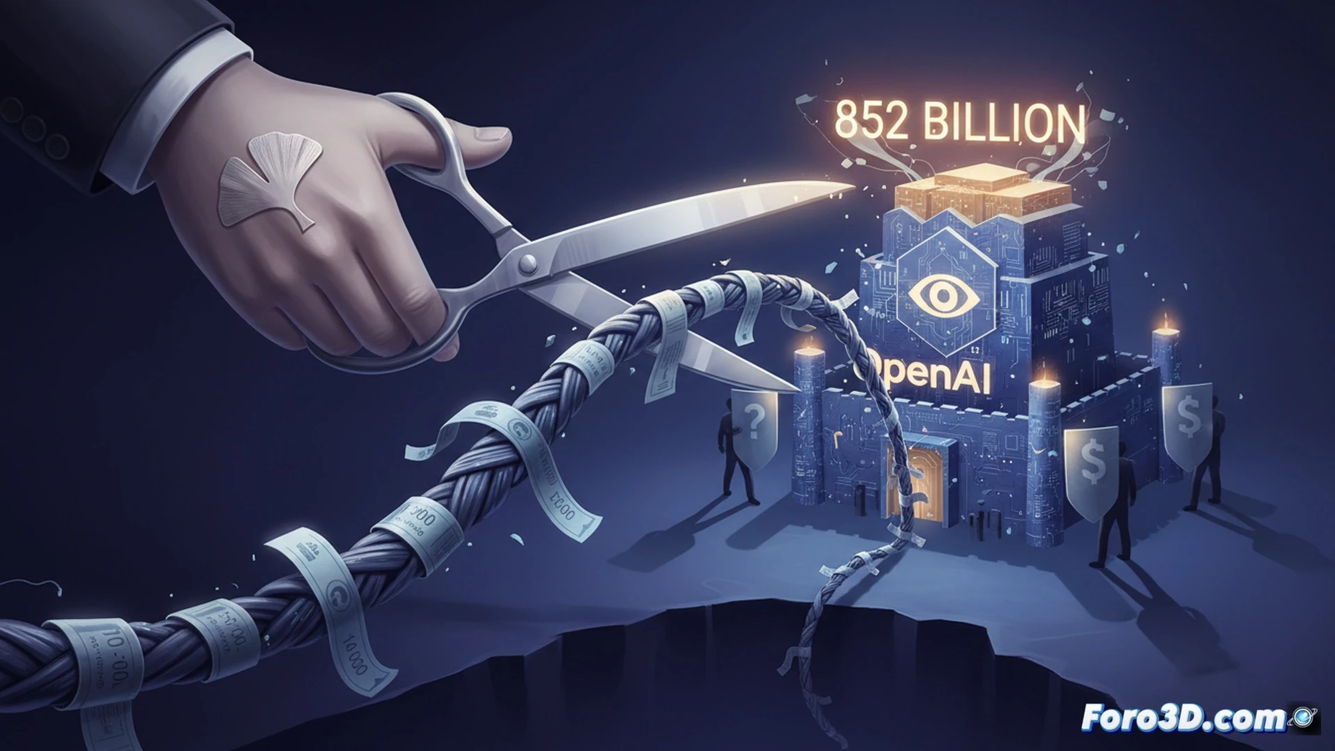 Una gran X roja tacha un billete de 10.000 millones, reemplazado por uno de 6.000 millones, con un robot (OpenAI) dudando junto a un banco.