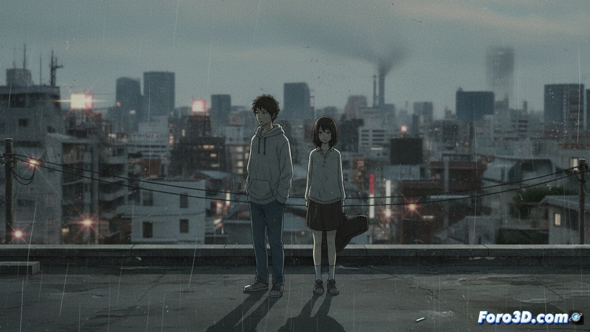 Fondo urbano japones con filtro fotografico digital, melancolia juvenil y tonos grises azulados en Solanin