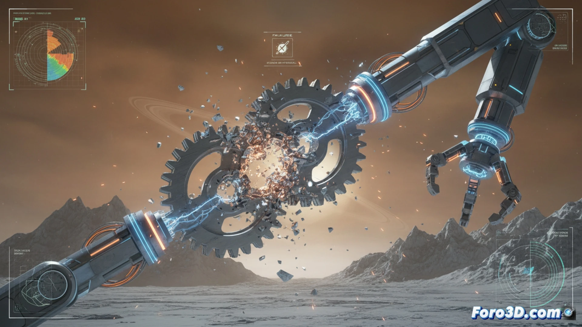 Brazo robótico espacial bloqueado en cámara de vacío, simulación 3D de fallo por soldadura en frío en engranajes de titanio