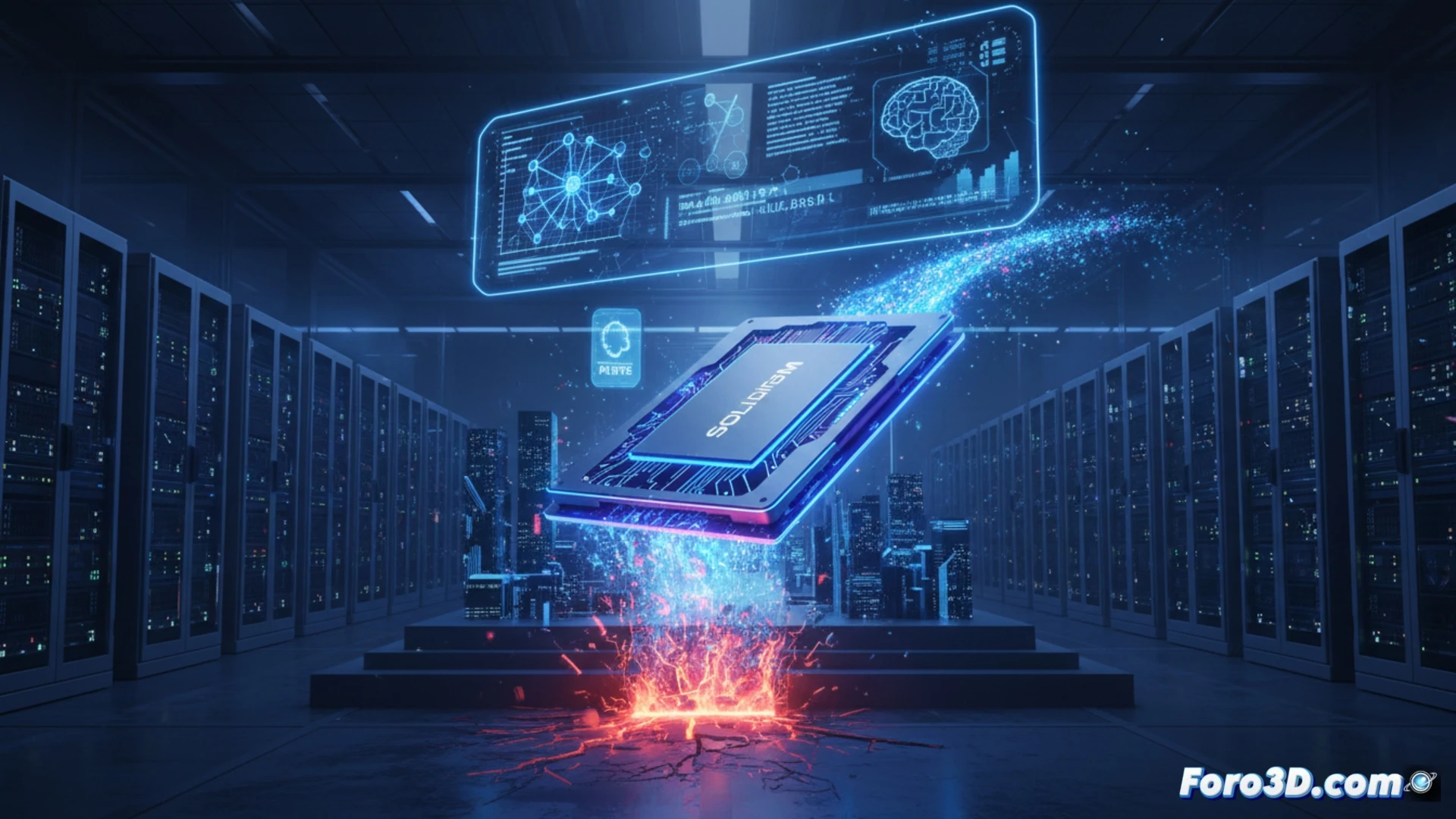 data center rack with a single Solidigm D5-P5336 SSD glowing blue, massive data streams flowing into the drive from multiple GPU servers, cooling fans spinning rapidly while network cables pulse with activity, heat waves rising from surrounding hardware, cinematic engineering visualization, dark server room with blue and orange accent lighting, dust particles illuminated in the airflow, photorealistic technical render, ultra-detailed PCB traces visible through the drive casing, motion blur on data transfer indicator lights, dramatic industrial atmosphere